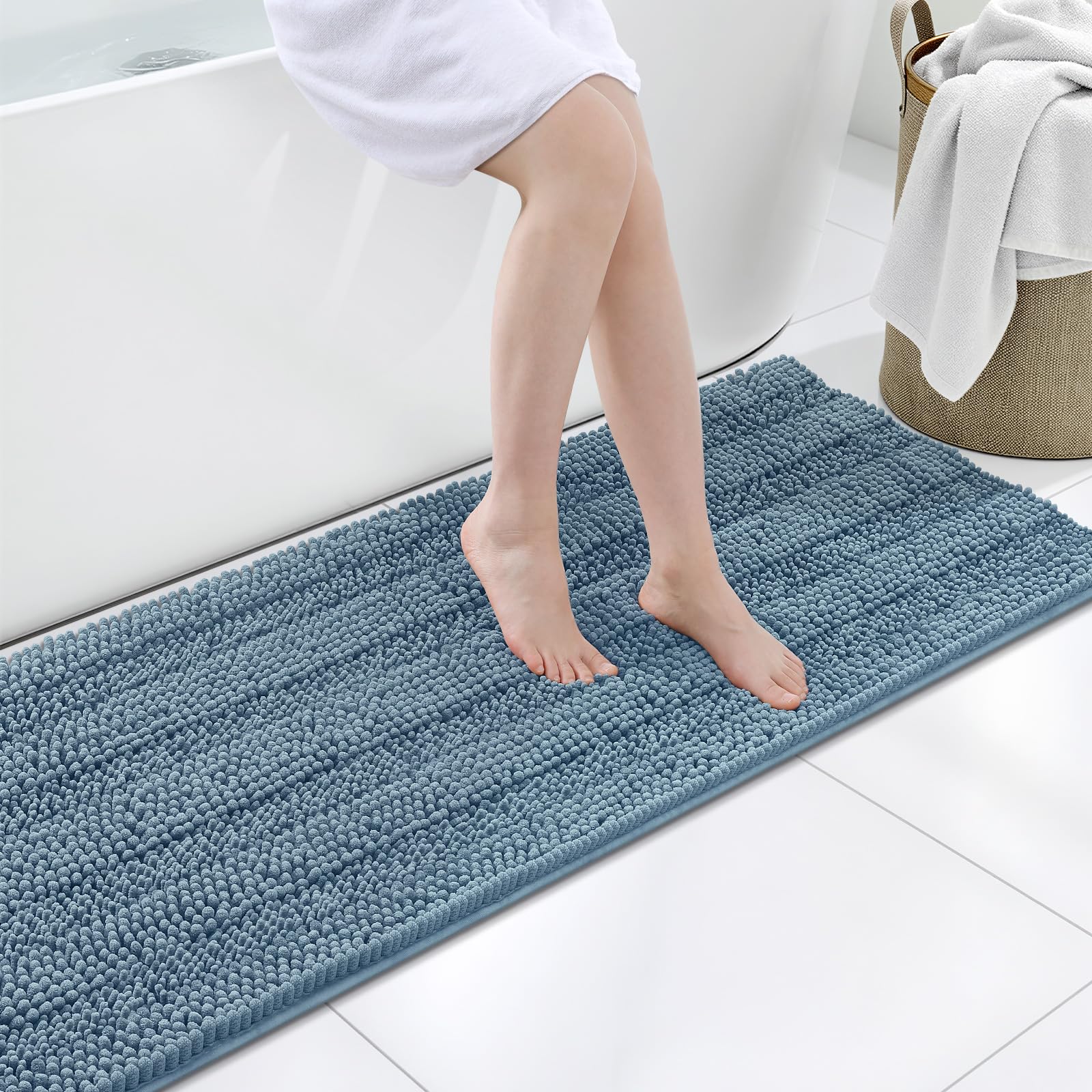 Grandaily Chenille Bathroom Rugs 59x20, Soft Absorbent Bath Mats, Airy Blue