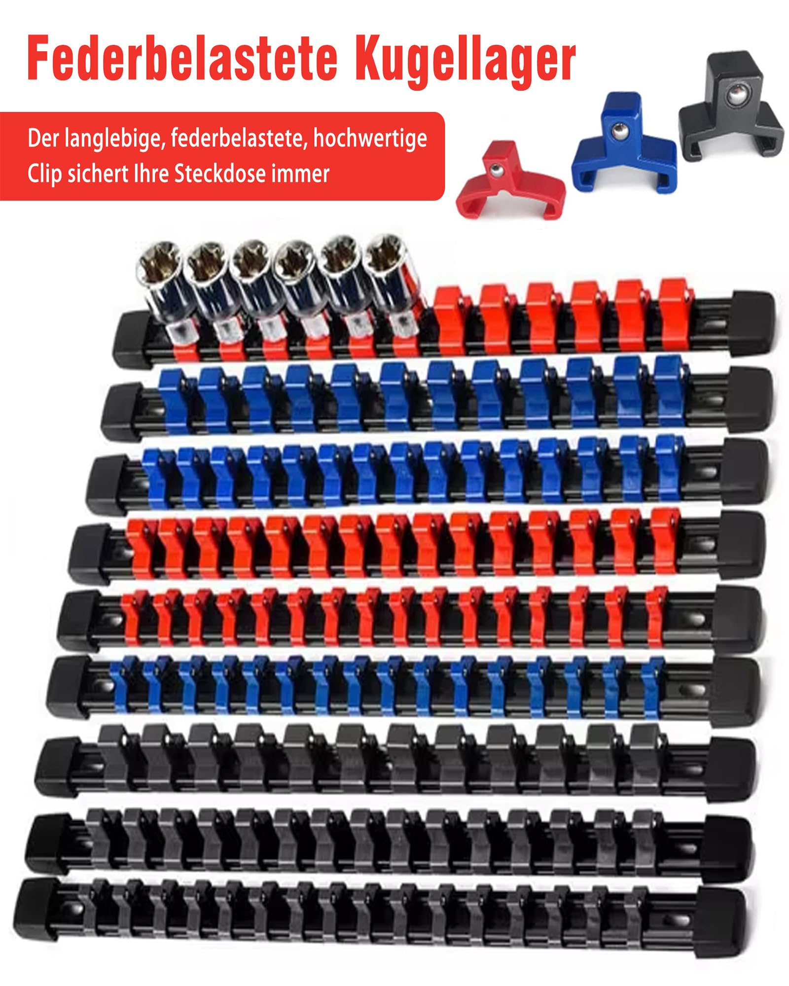 Soportes para Llaves de Vaso: 9 Piezas Organizador Llaves de Vaso con 129 Clips para Vasos de 6.3 mm (1/4"), 10 mm (3/8"), 12.5 mm (1/2") en Pulgadas Métricas