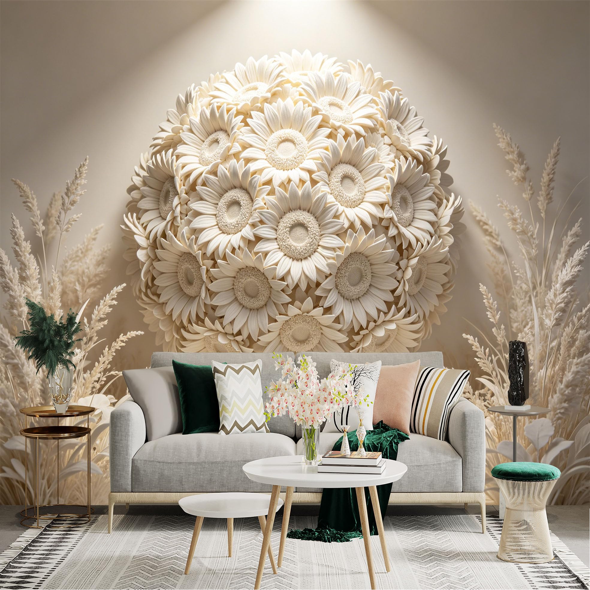 Lnzczhyre Dbh260521707 Custom Size Wall Sticker Mural， Cream Tone Sunflower Bouquet， Minimalist Floral Art， Elegant Botanical Arrangement， For Wall Decoration， Peelandstick Wall Decals.