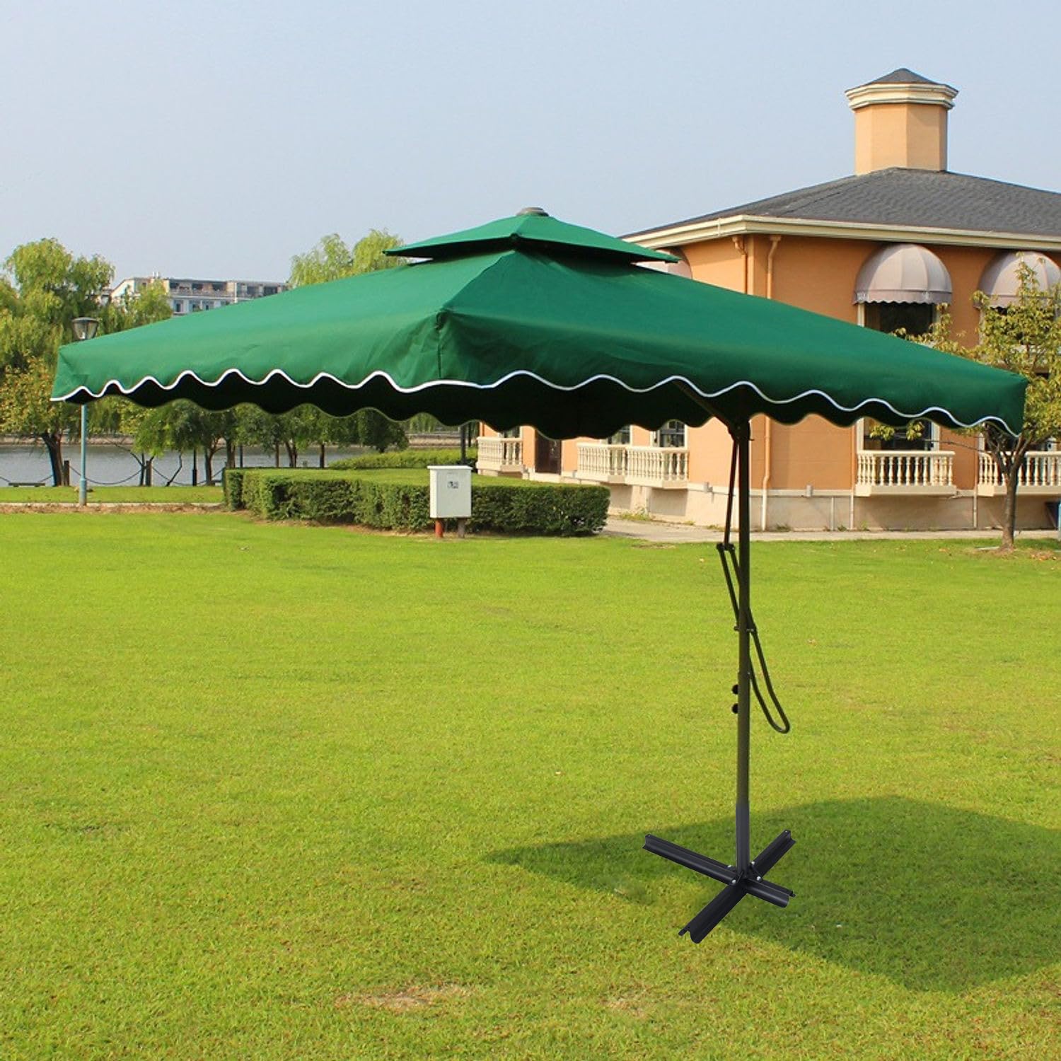 ORILEY Outdoor Patio Umbrella 8ft Diameter Square Canopy with Side Pole Granite Base Stand Design Sun & Rain Protection Water Resistant Cloth for Balcony and Garden (Pack of 1, Green)-image-18