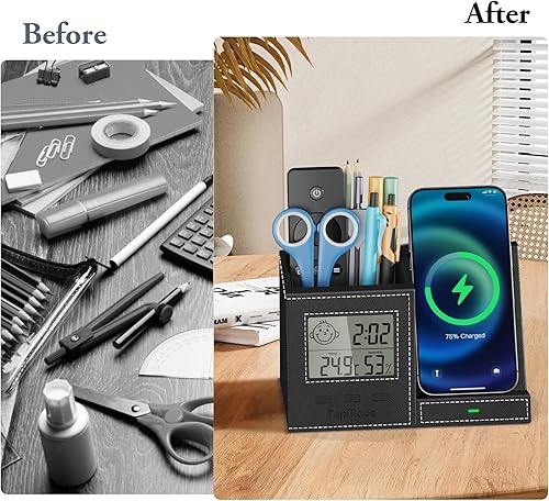Miniatura 3 de TopMade Cargador inalámbrico con soporte para bolígrafo, organizador de mesita de noche de cuero, suministros de oficina en casa, soporte para