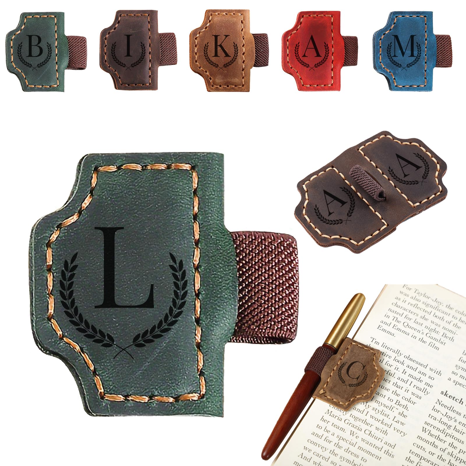 Magnetic Bookmarks with Pen Holder, 26 Letters Name Initia Personalized Leather Book Mark, Gifts for Book Lovers Readers Teacher Women Men