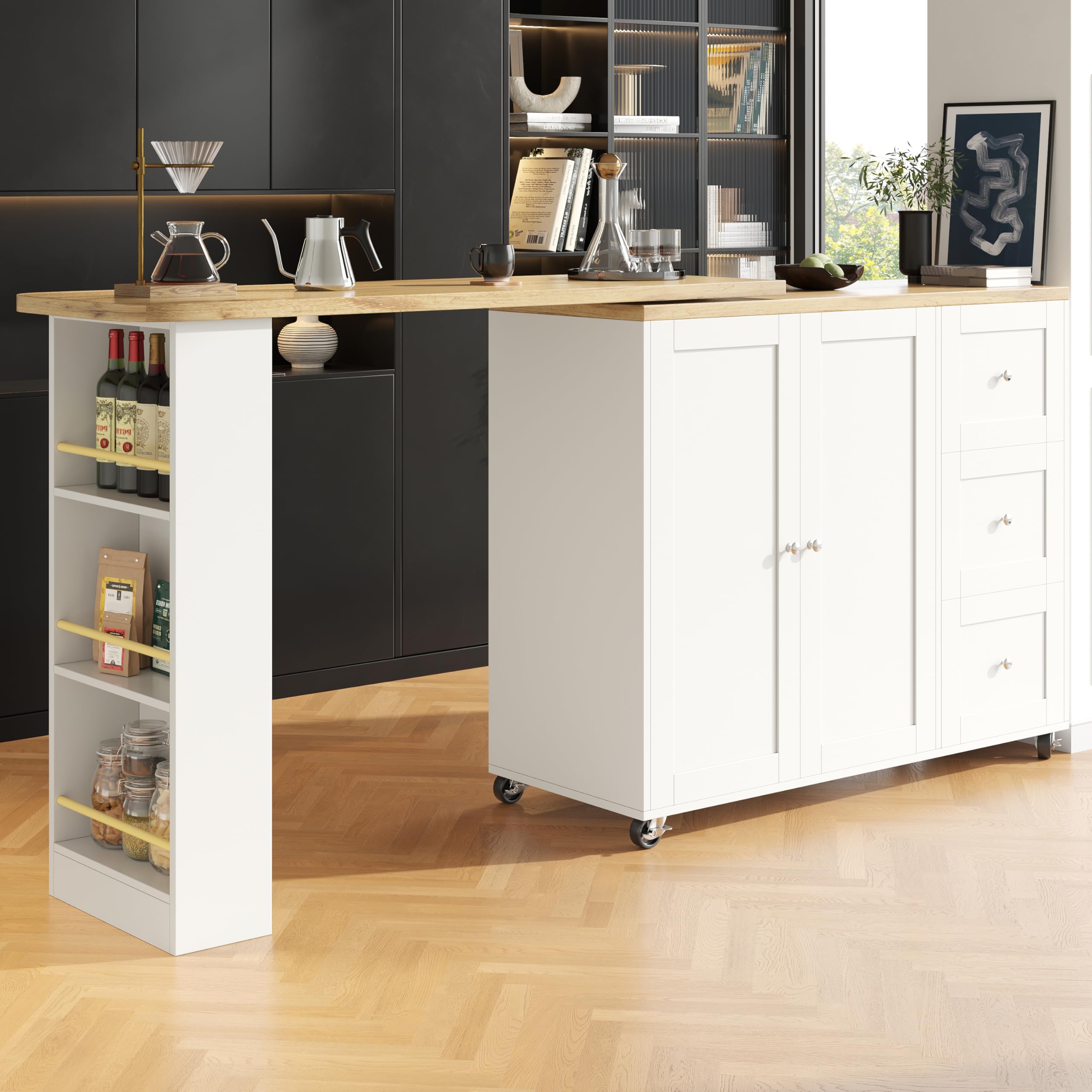 Mesa alta giratoria de 360° con ruedas y espacio de almacenamiento, mesa de bar moderna con tres cajones, estantería para aperitivos y estantes, isla de almacenamiento multifuncional para cocina y