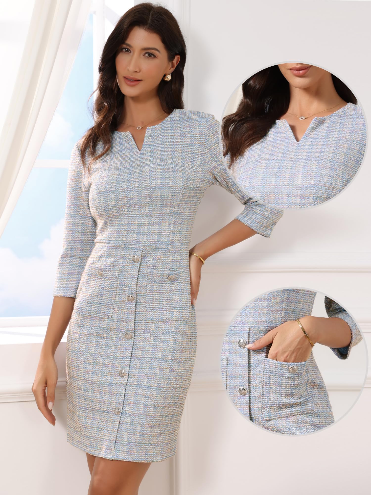 Allegra K Damen Mini Tweed Kleid Vintage 3/4-Ärmel Leicht Elegant Business Kleid Büro Etuikleid