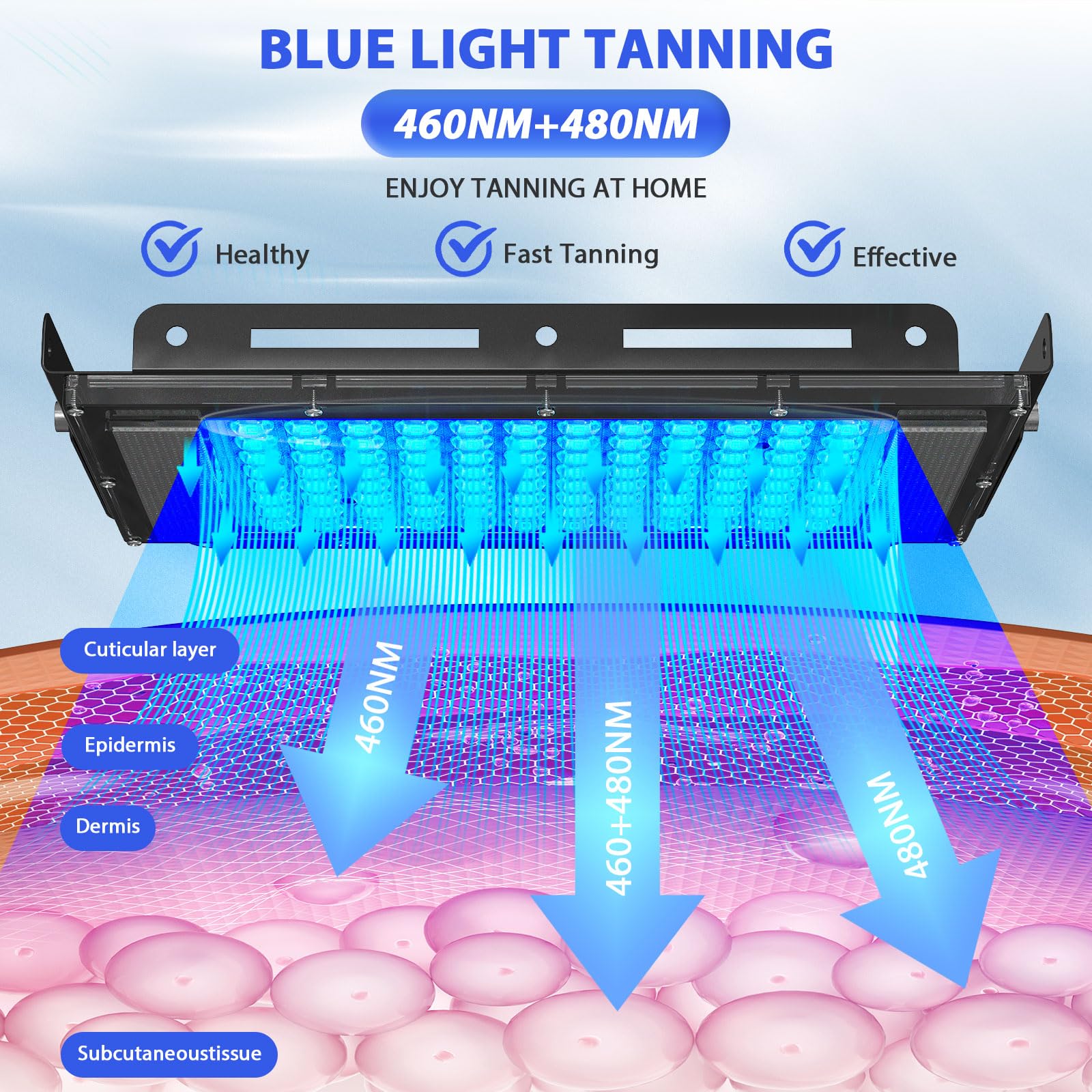 Lámpara de bronceado para el hogar, 460 y 480 NM, terapia de luz azul, solarium para el hogar, cuerpo y solarium facial, 2 modos constantes+pulsantes, 5 niveles de brillo