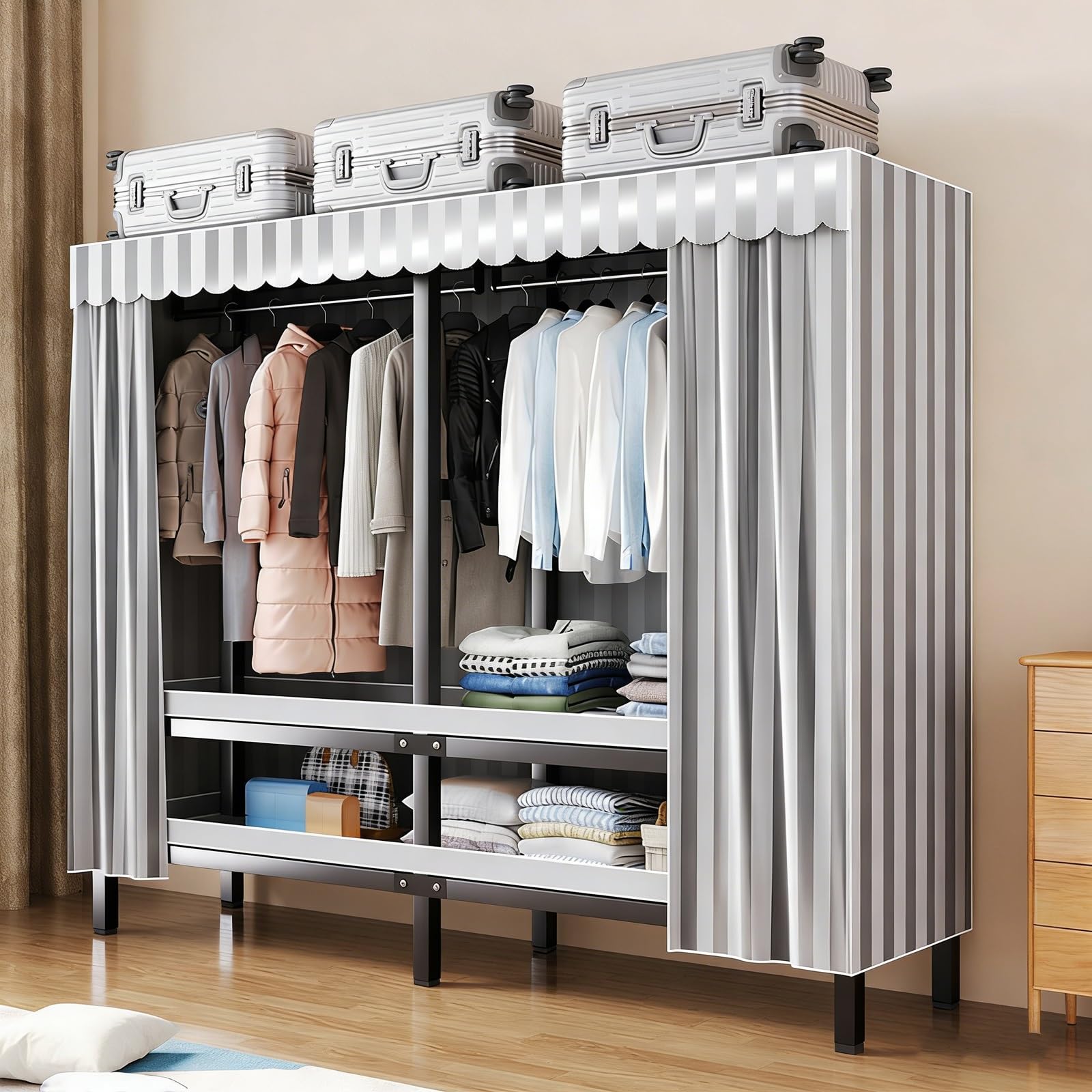Tragbarer Stoffschrank, Faltbarer Kleiderschrank, Metall Offener Kleiderschrank mit Bezug, zum Aufhängen von Kleidung und Mänteln(203cm/80in)