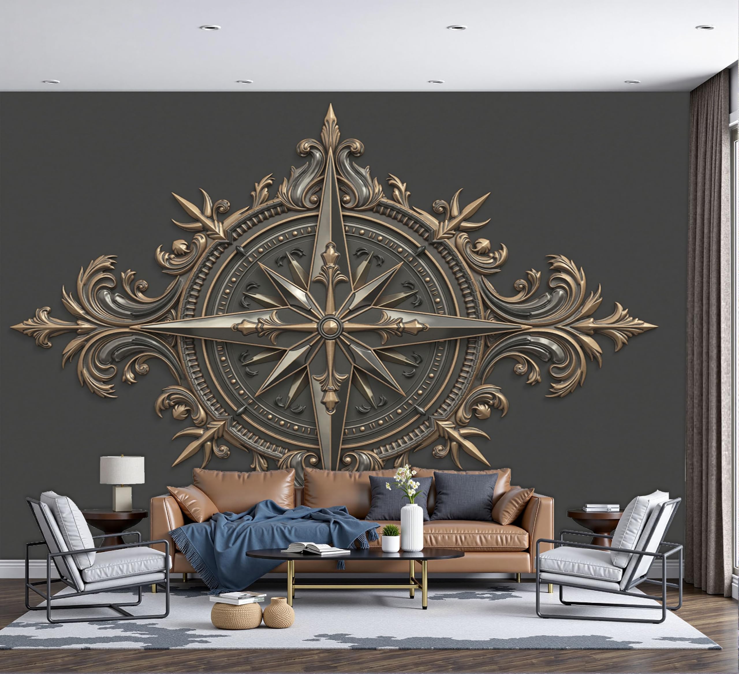 Papel Tapiz Fotográfico Estilo Náutico Retro Europeo, 350x250cm Papel Pintado Panorámico Brújula De Lujo Oscuro Mural de Pared Decoración De Pared para Sala Cuarto Oficina Salón, Gris Oscuro