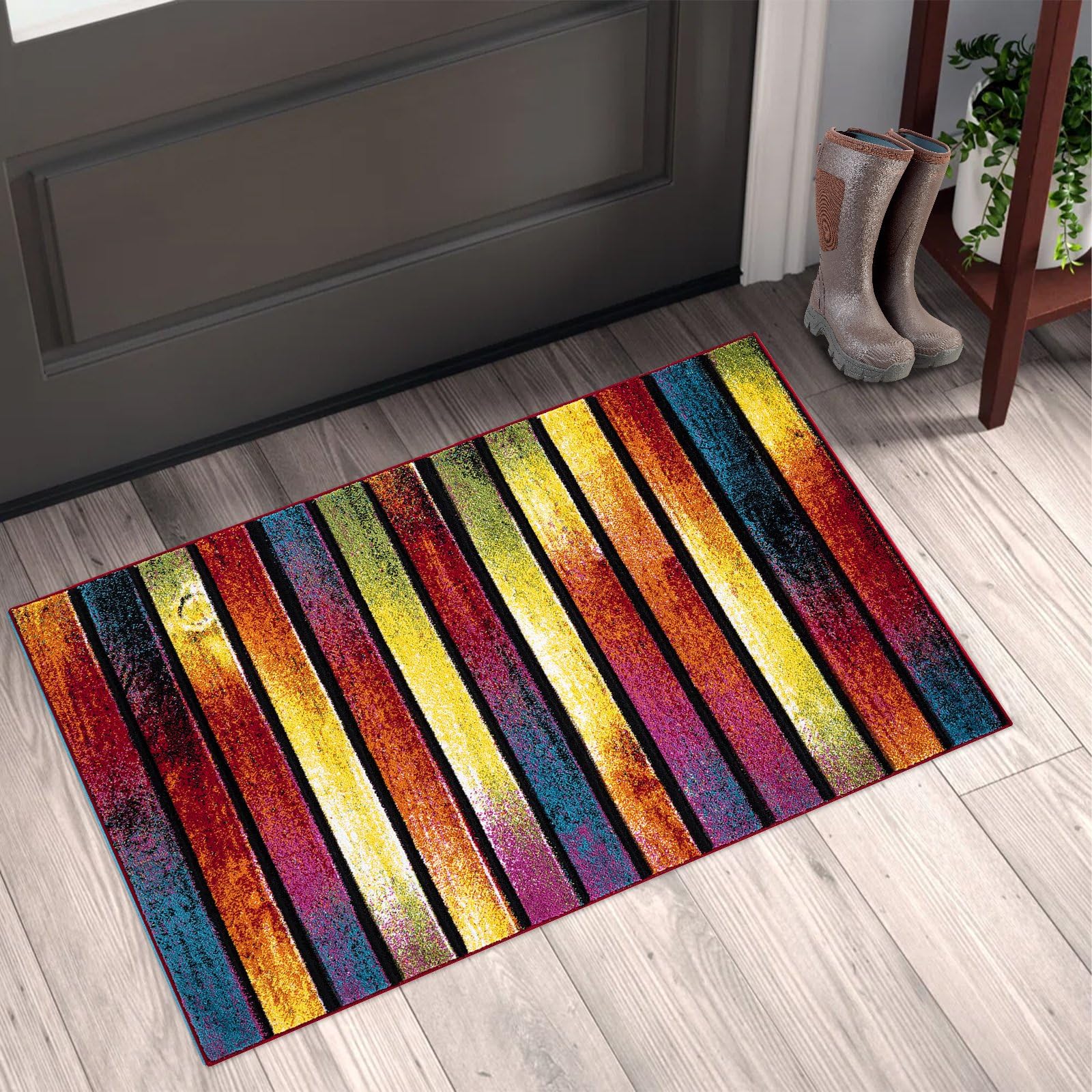 renoazul® Multicoloured Large Door Mat for Entrance, Hallway and Kitchen, 60 x 110 cm, Stripes, Soft Thick Pile Fluffy Thick Plush Geometric Pattern Mat — image 1