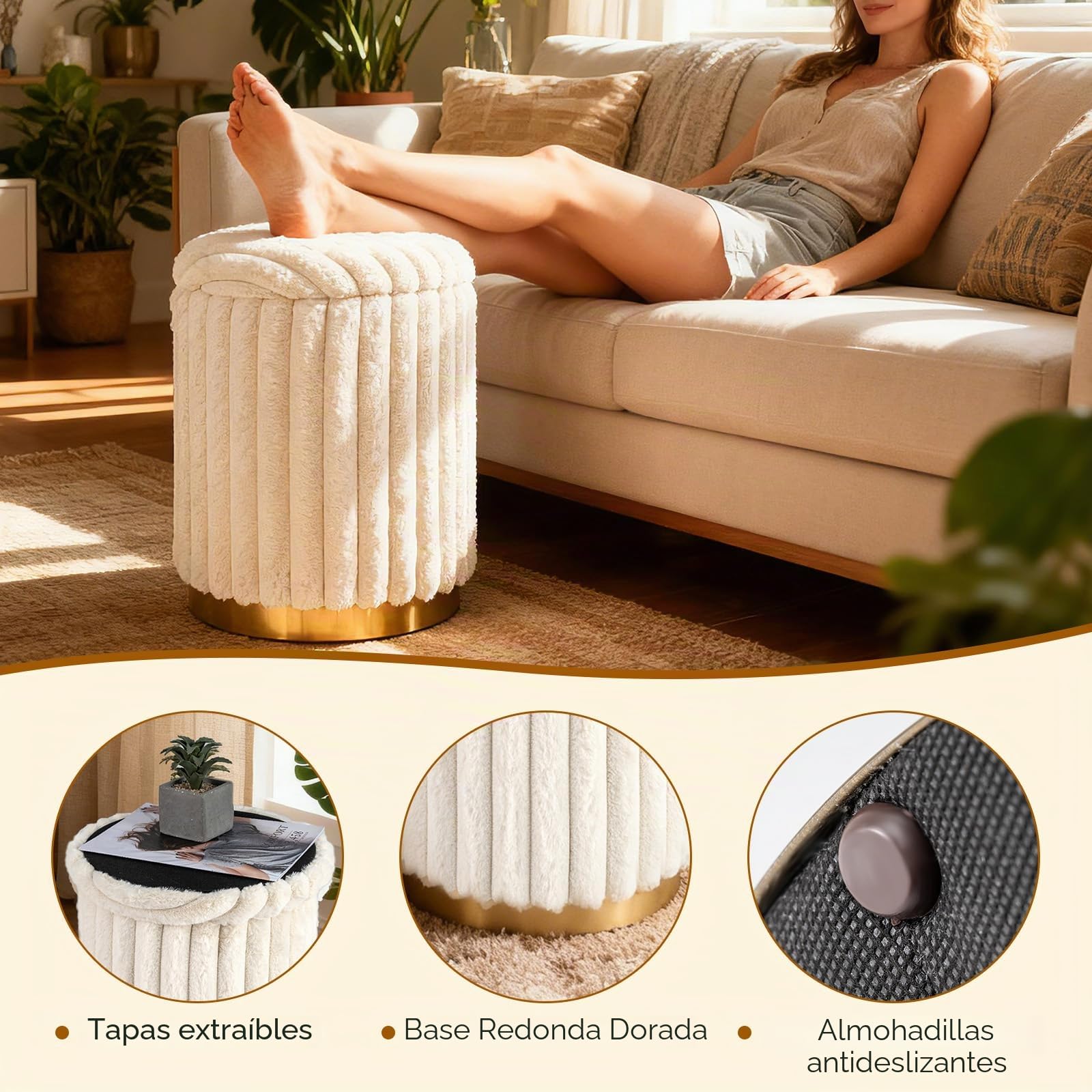 GIANTEX Juego de 2 Puffs Almacenaje 32L+21L, Taburete Otomano Redondo con Tapa, Reposapiés Tapizado de Pelo de Conejo, Diseño Apilable, para Salón, Entrada, Dormitorio, φ36 cm+φ31 cm