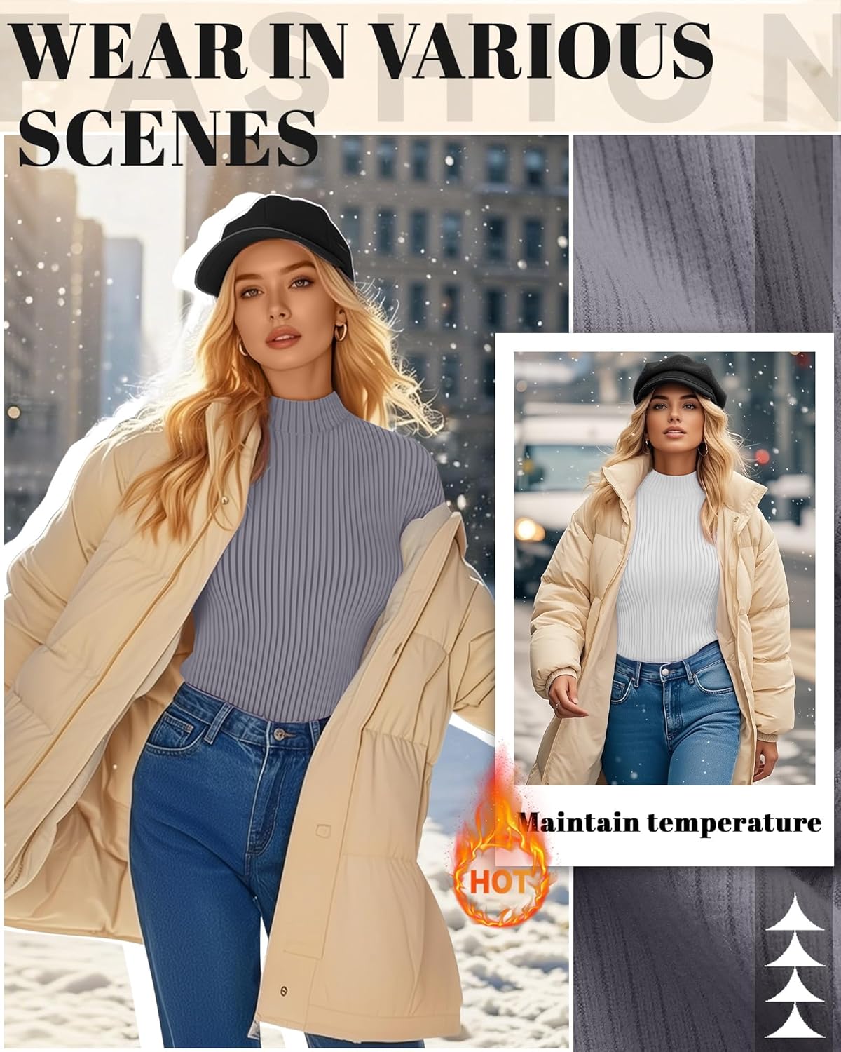 3 Pack Women's Mock Neck Thermal Tops Long Sleeve Cotton Ribbed Knit Turtleneck Shirts Slim Fitted Casual Base Layer - Image 3