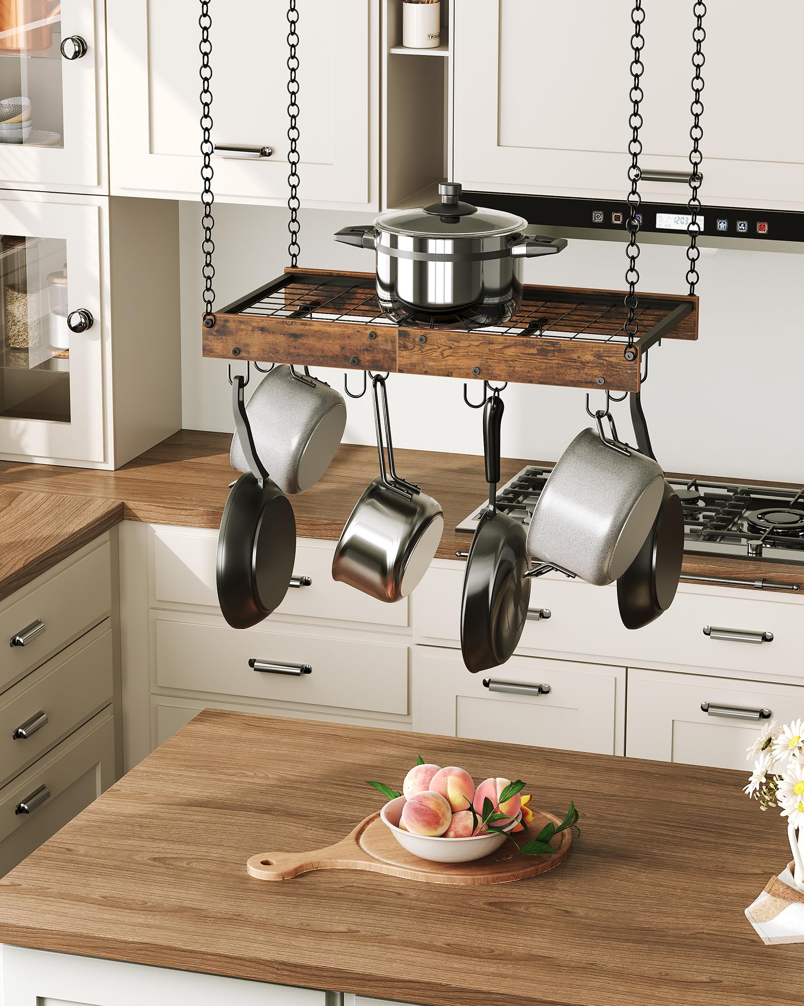 CHOEZON Küchenregal hängend, 61 cm, Küchenregal hängend, Topfregal, Aufbewahrungsregal, rustikale Note, Deckenregal mit 12 Haken, für Kochgeschirr, platzsparend, rustikalbraun-schwarz DTPR01BF