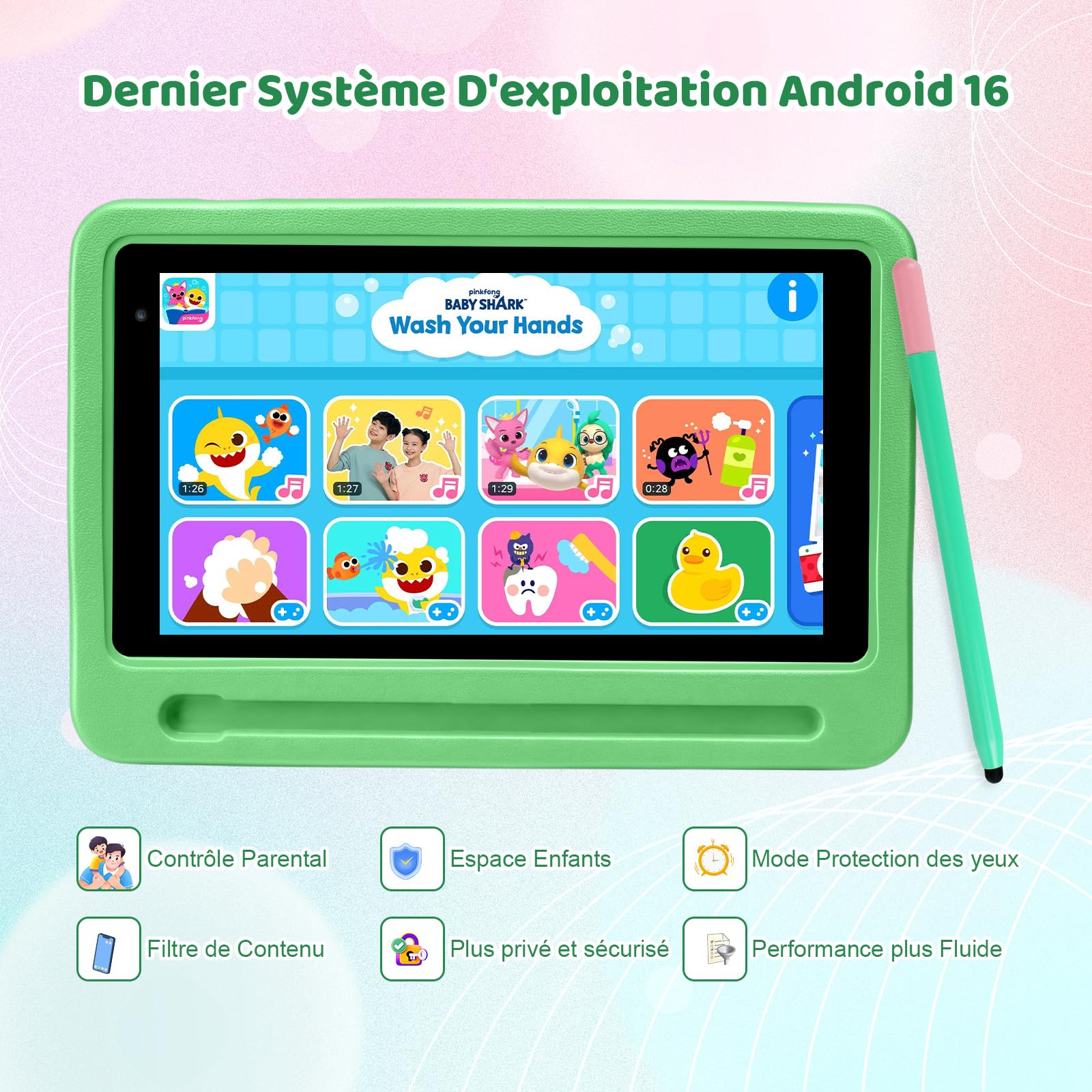 Android 16 Tablette Enfants 7 Pouces, 24Go RAM 128Go ROM (TF 1To), 5G WiFi Tablette Tactile, Double Caméra HD, Widevine L1/Contrôle Parental/BT 5.4 Tablettes avec étui EVA, Vert