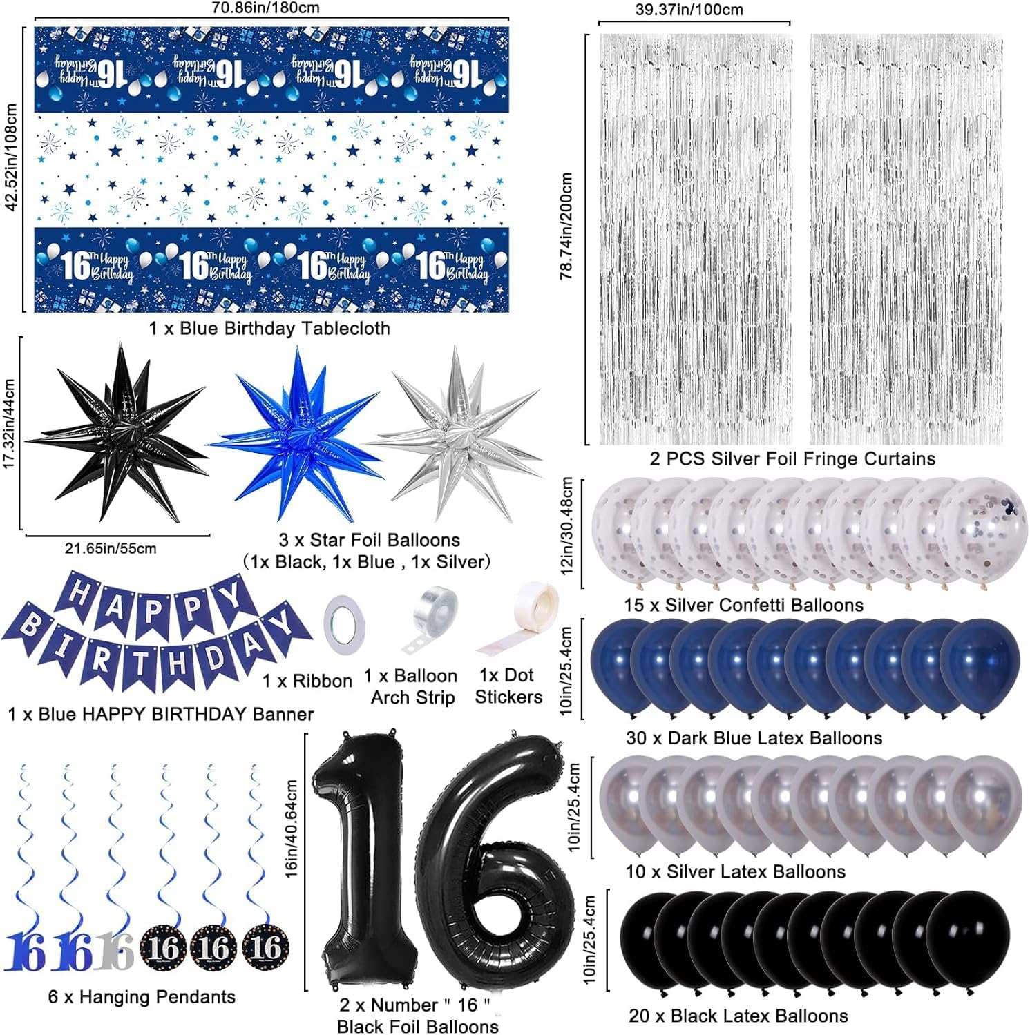 16th Birthday Decorations for Boys and Girls Dark Blue, HAPPY BIRTHDAY Banner Black Number 16 Balloons Tablecloth Foil Backdrop Star Balloons Garland Arch Kit-16 Years Old Birthday Party Supplies - Image 2