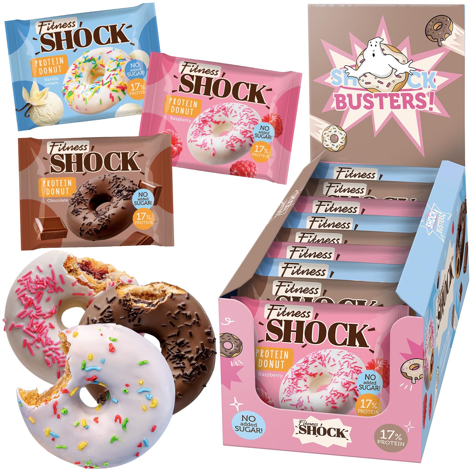 FitnesSHOCK Protein Donut Kekse-Biskuit mit Streuseln, 12g/17% Eiweiß ohne Zuckerzusatz ballaststoffreicher Snack mit Vanille Füllung Palmölfrei - Mix Box: Schoko, Vanille, Himbeere 9x70g