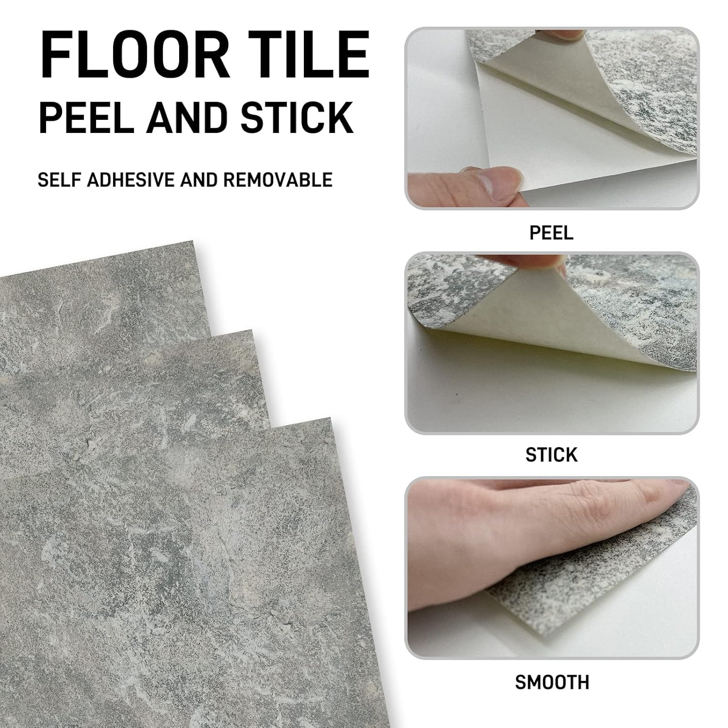 Chic Stone Vibe Underfoot – auxua Lot de 20 carreaux de sol à décoller et à coller, 30,5 x 30,5 cm d'épaisseur, tons gris, imperméables, sans résidus pour une ambiance instantanée