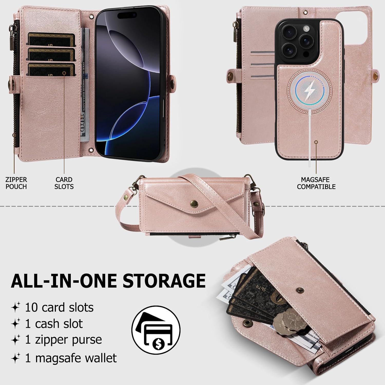 Compatible with Magsafe 3 in 1 Detachable iPhone 16 Pro Max Wallet Case with Card Holder, PU Leather Handbag Phone Purse with Zipper, RFID Blocking Strap Lanyard Kickstand Magnetic Phone Cover