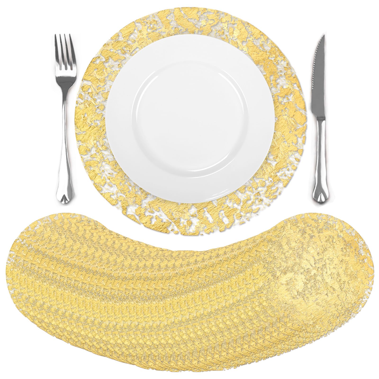 comfoyar Disposable Gold Placemats Set of 100, Metallic Round 33cm Foil Mesh Pressed Doilies Place Mats, Table Mats for Dining Party Weddings Birthday Holiday Kitchen Home, Tableware Decoration