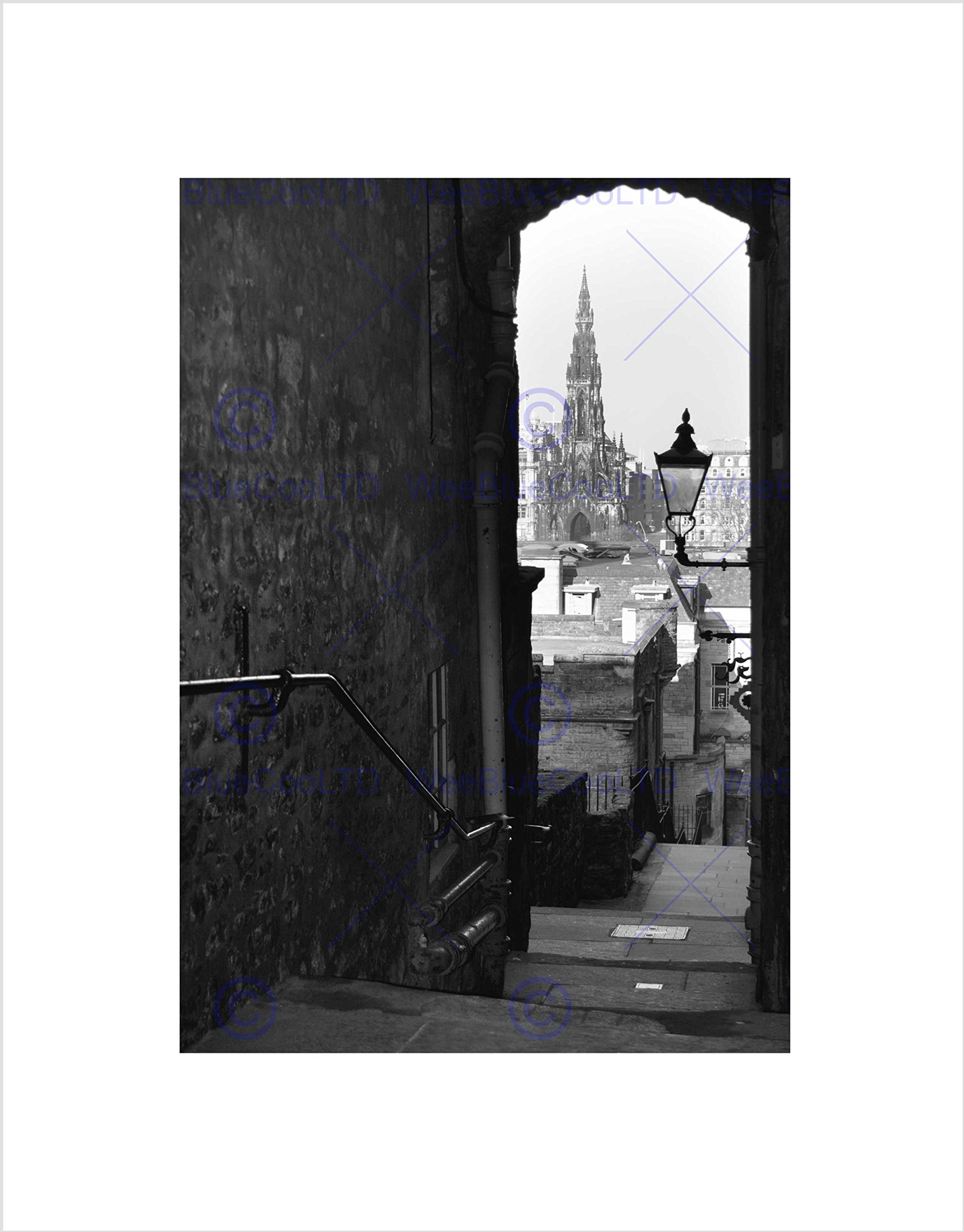 Wee Blue Coo Photo Cityscape Edinburgh Royal Mile Lane Black White Wall Art Print