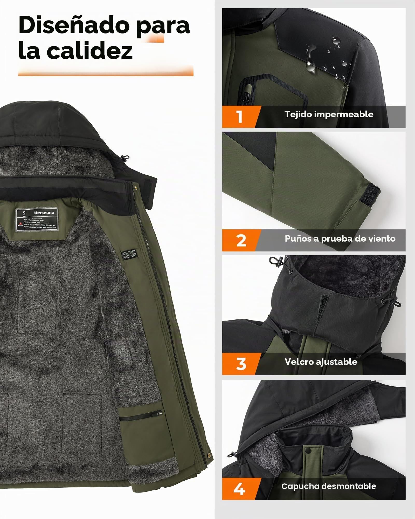Chaqueta calefactable para hombre con batería externa de 18400 mAh 12 V, chaqueta térmica para hombre, forro cálido, chaqueta con capucha extraíble, resistente al viento, resistente al agua, para