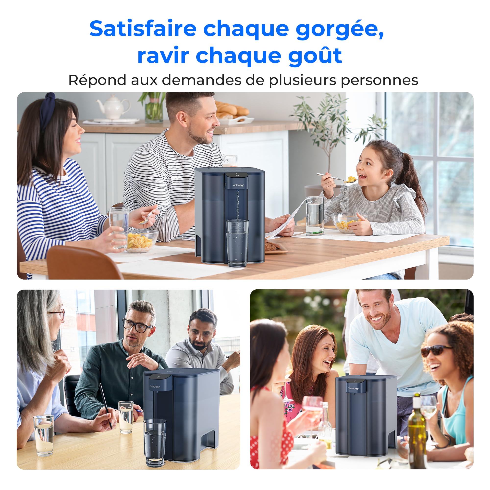 Waterdrop Mega Carafe Filtrante Électrique Avec Filtre de 3 Mois, Système de Filtration d'eau de Comptoir de 6 L, Réduit le Chlore, le Plomb, le Mercure, Réduit les PFAS, 757 Litres, Bleu