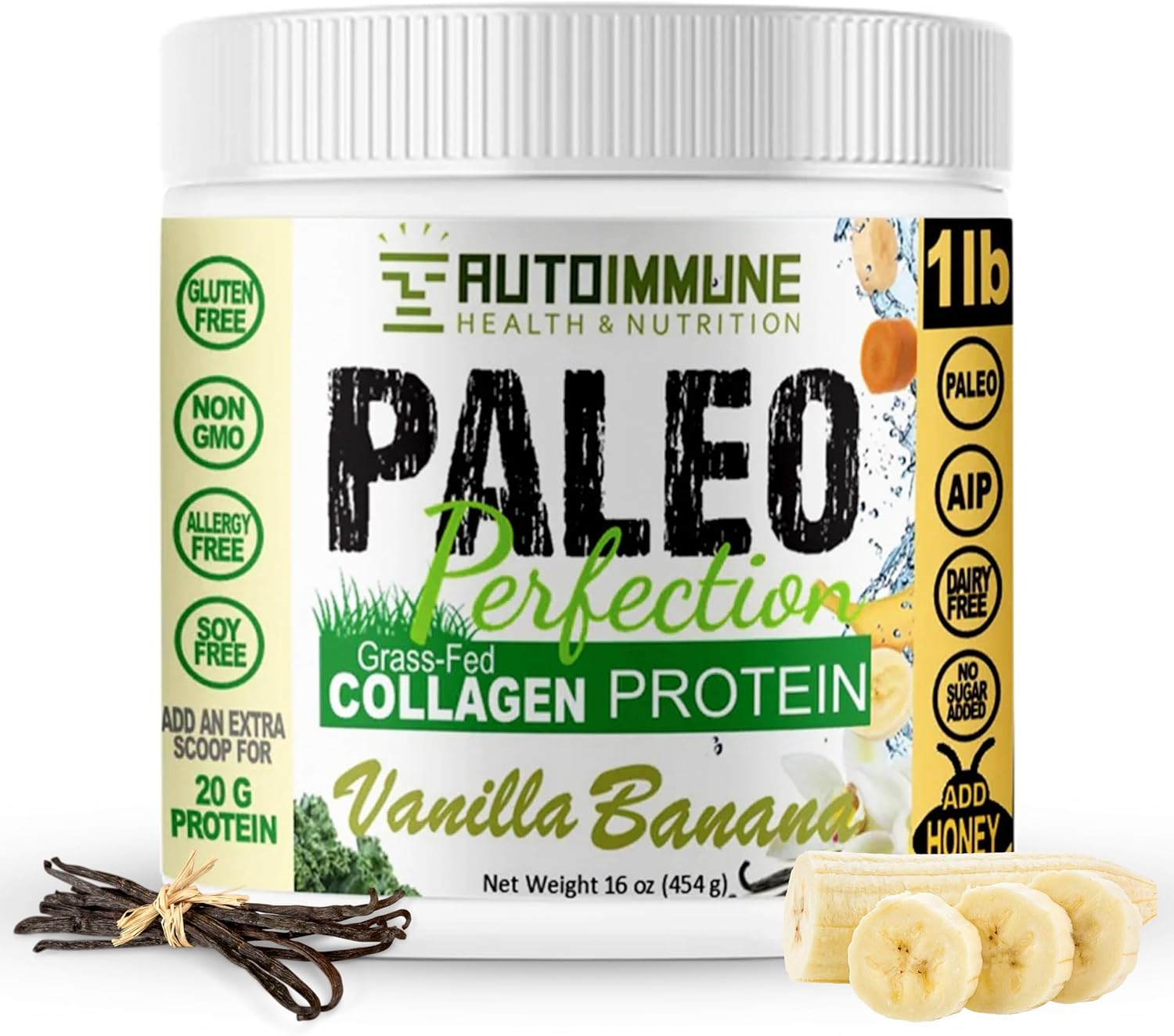 Paleo Perfection Vanilla Banana Grass Fed Beef Collagen Protein Powder Without Stevia - Paleo, Keto, SCD, AIP Protein Powder with Apple Fiber, Carrot & Broccoli - 1lb Protein Powder & Superfood Blend