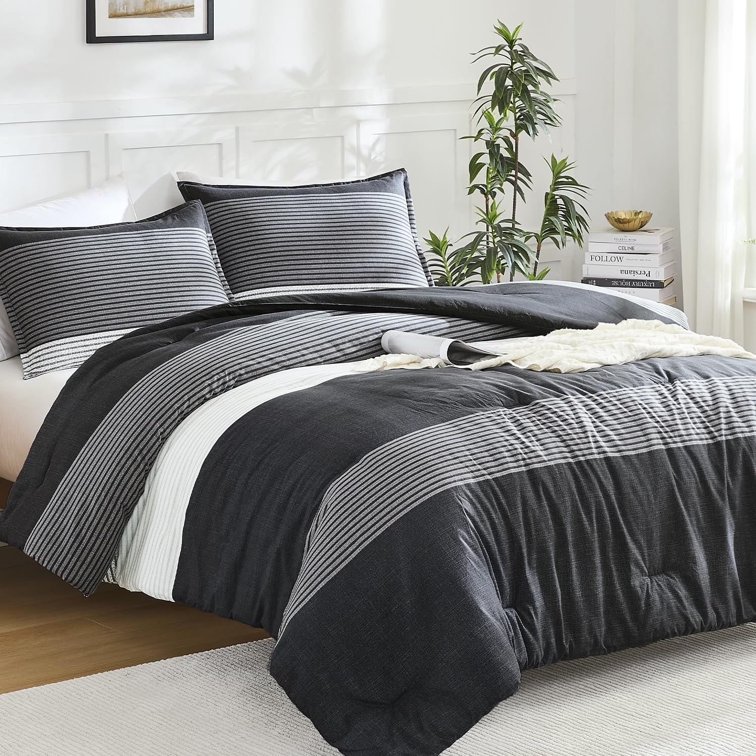 Litanika Full Comforter Set Black - 3 Pieces Stripe Bedding Comforter Sets | Boys Men Fluffy Lightweight Soft Colorblock Down Alternative All Season Bed Set