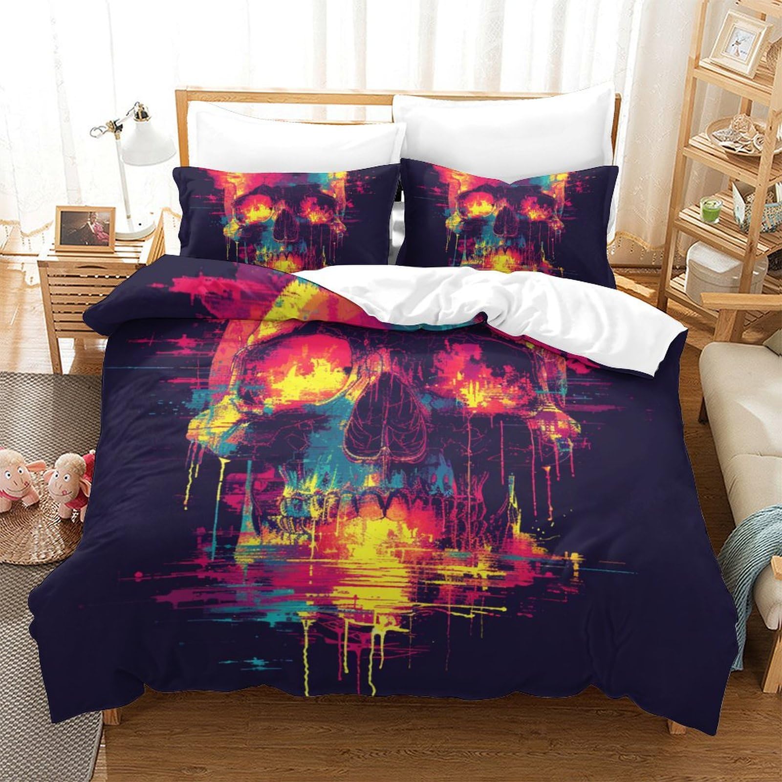Housse de couette tête de mort pour chambre d'ado style rock et urbain 220x240