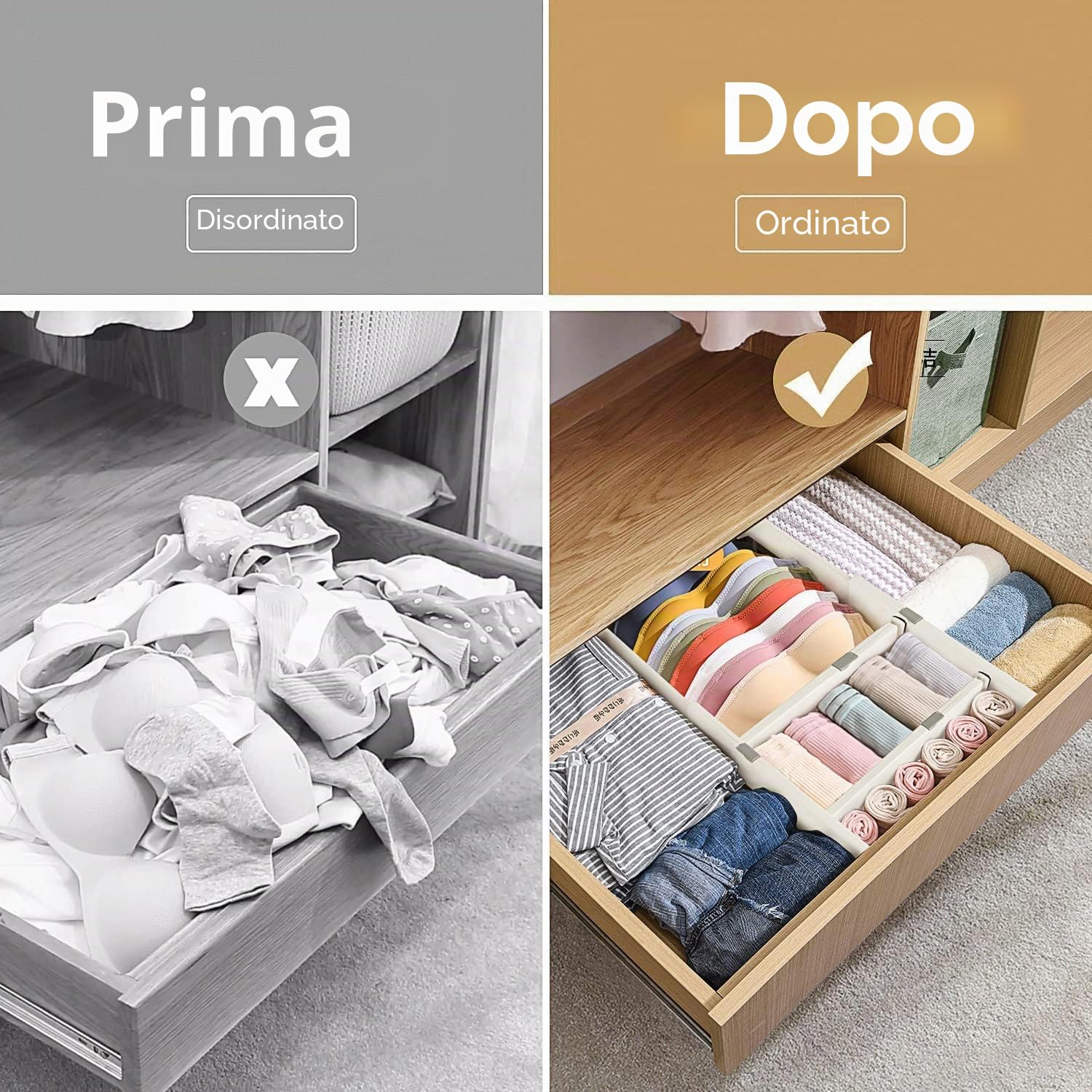SENENQU Divisori per Cassetti 6 Pezzi Regolabili Bianchi 34-54 Cm | Separatori per Cassetti, Organizer Cucina, Bagno, Armadio e Intimo 6 cm in PP per Casa e Armadio