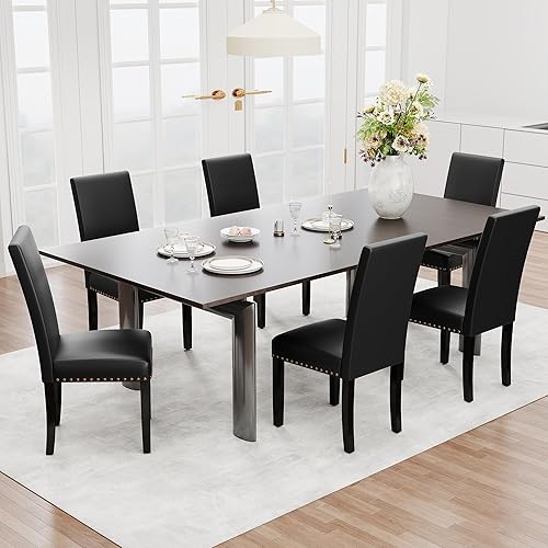 Miniatura 13 de Juego de 2 sillas de comedor de madera, sillas auxiliares de cocina tapizadas de tela moderna, silla de respaldo alto con clavos de cobre (beige)