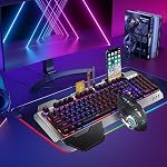 FELICON K618 Wired Gaming Keyboard and Mouse Combo with Large RGB Mouse Pad, Aluminum Alloy Panel Mechanical Feel Keyboard, Magnetic Removable Wrist Rest, Phone Holder for PC Gamer Office - Black