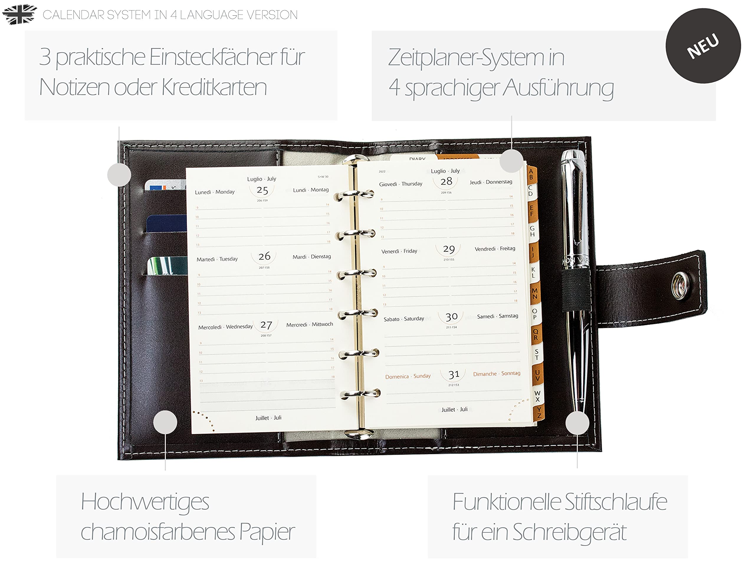 DELMON VARONE - Mini Pocket A6 Kalender 2026 Cambridge Top Grain Leder braun - Terminkalender Ringbuch & A-Z Telefonregister - Organizer Terminplaner mit Wochenansicht (1 Woche auf 2 Seiten)