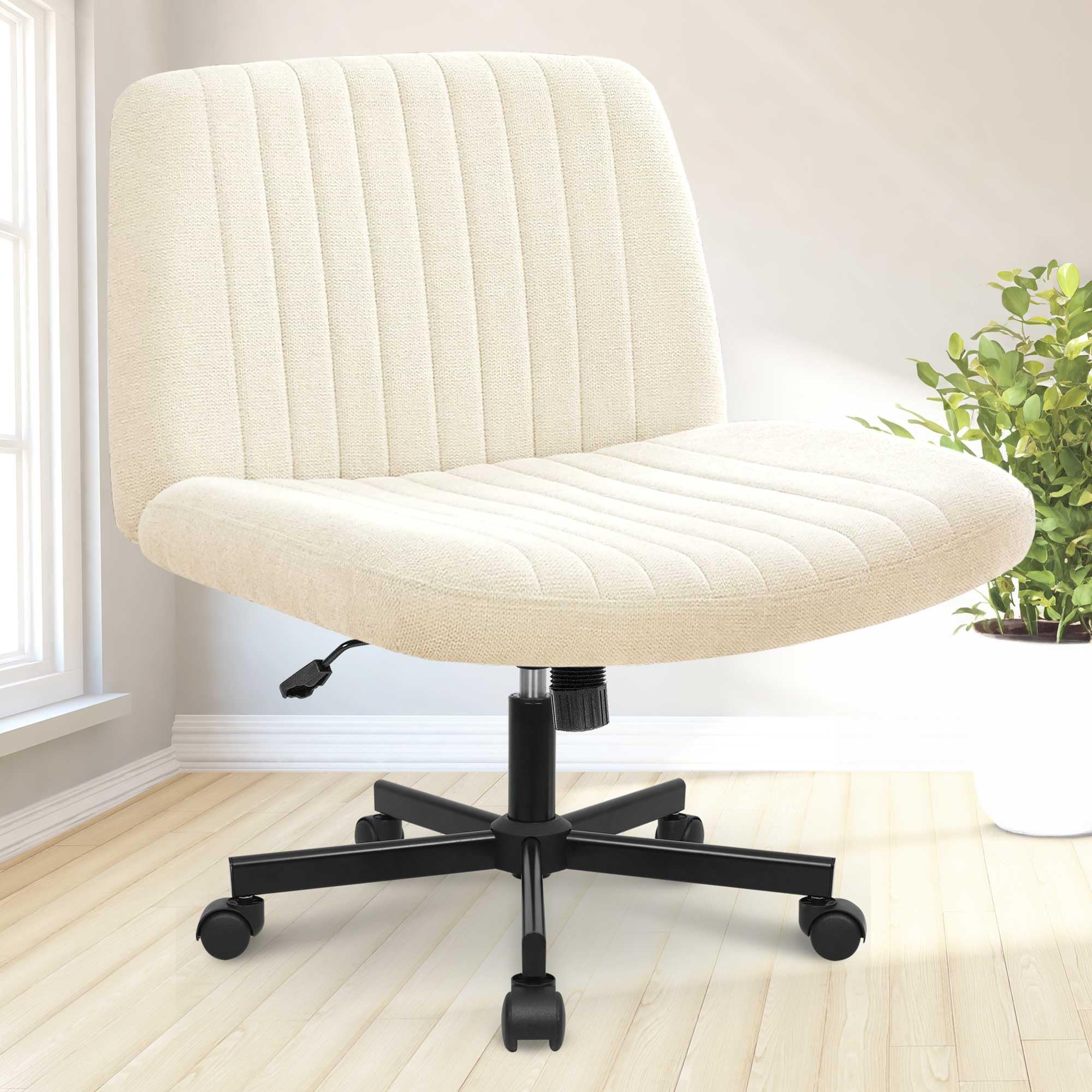 Criss Cross Chair with Wheels Home Office Cross Legged Armless Chairs Ergonomic Adjustable Computer Desk Task Wide Seat for Bedroom Vanity Comfy Swivel (Beige)