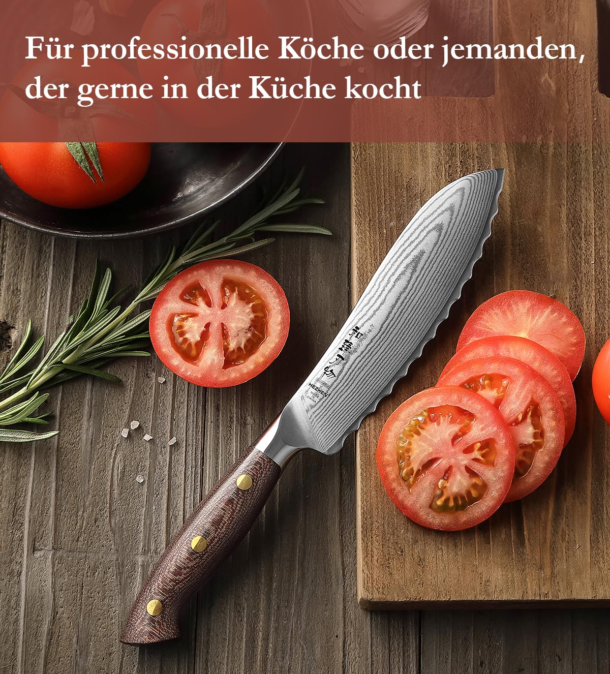 HEZHEN Profi Tomatenmesser Damast, Wellenschliff Hartstahl Auberginenmesser, Scharfe Klinge Brotzeitmesser, Frühstücksmesser Full Tang Micarta Griff