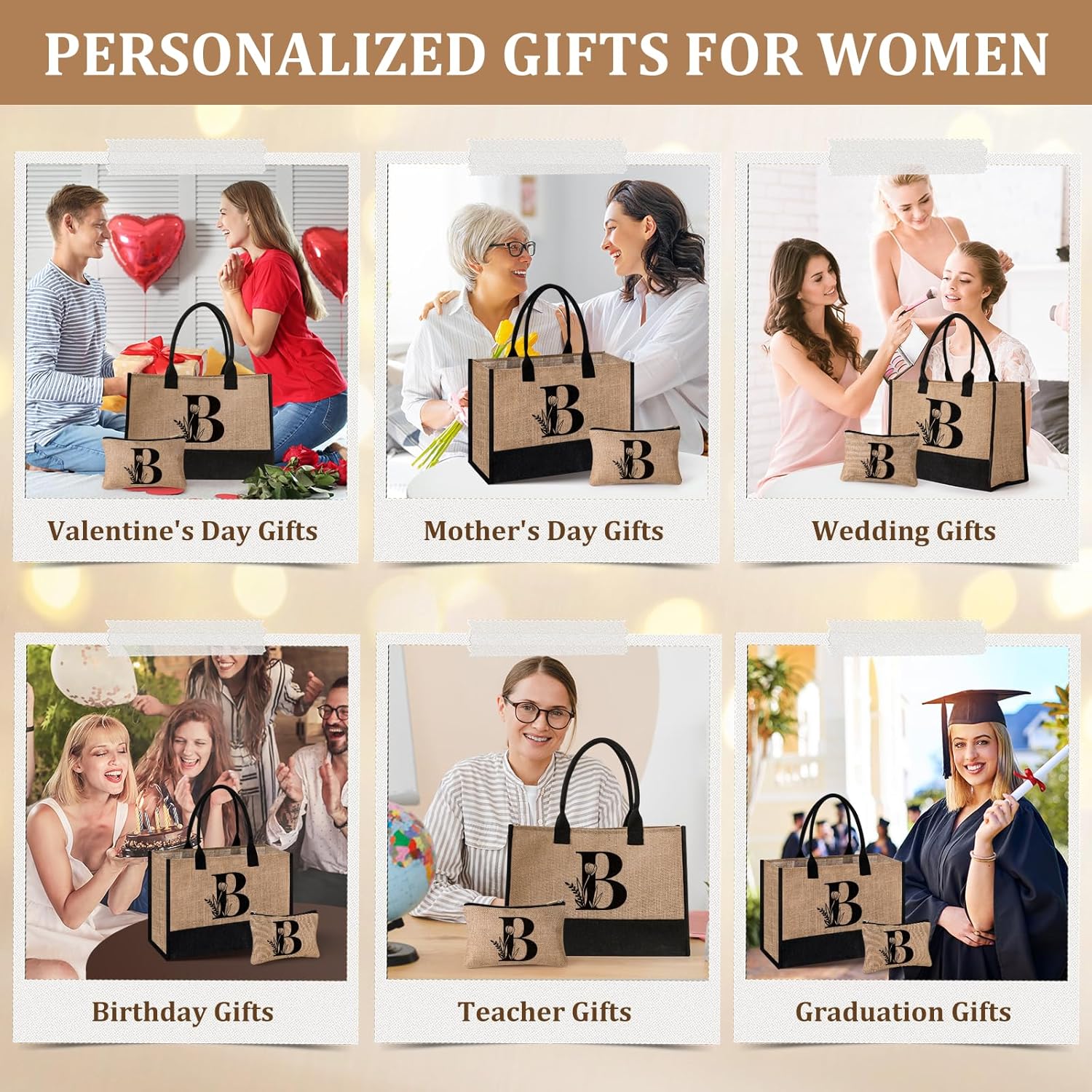 AYGE Personalized Initial Jute Tote Bag & Makeup Bag, Beach Bag, Monogrammed Birthday Gifts for Women Sister Mom Bridesmaid - Image 4