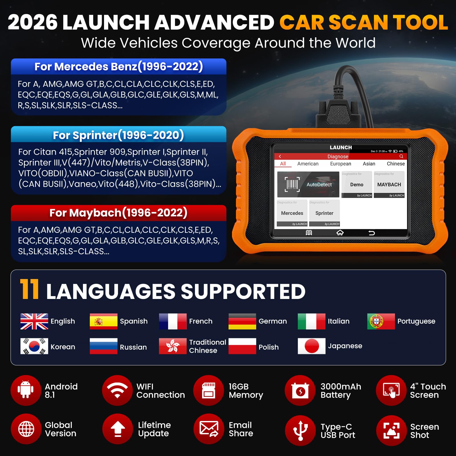LAUNCH X431 Elite V2.0 OBD2 Diagnóstico de Todo Sistema para Benz para Maybach para Sprinter, Función de Todo Reinicio, Bidireccional, Codificación ECU Reset de Aceite Registro de Batería Escáner