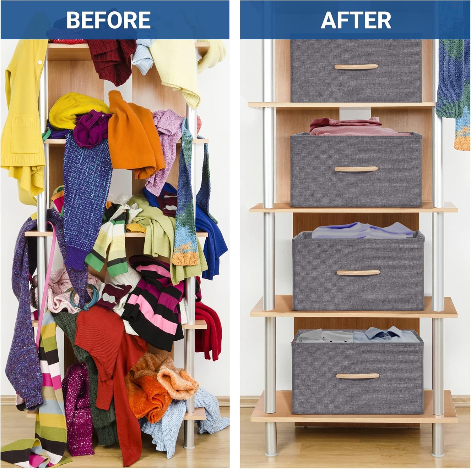 Faltbare Stoff-Aufbewahrungskörbe, große Schrank-Organizer, Würfel mit stabilen Holzgriffen, Stoff-Kleidungsaufbewahrungsboxen für Regale, Decken, Bücher, Kinderzimmer, Grau, 2 Stück