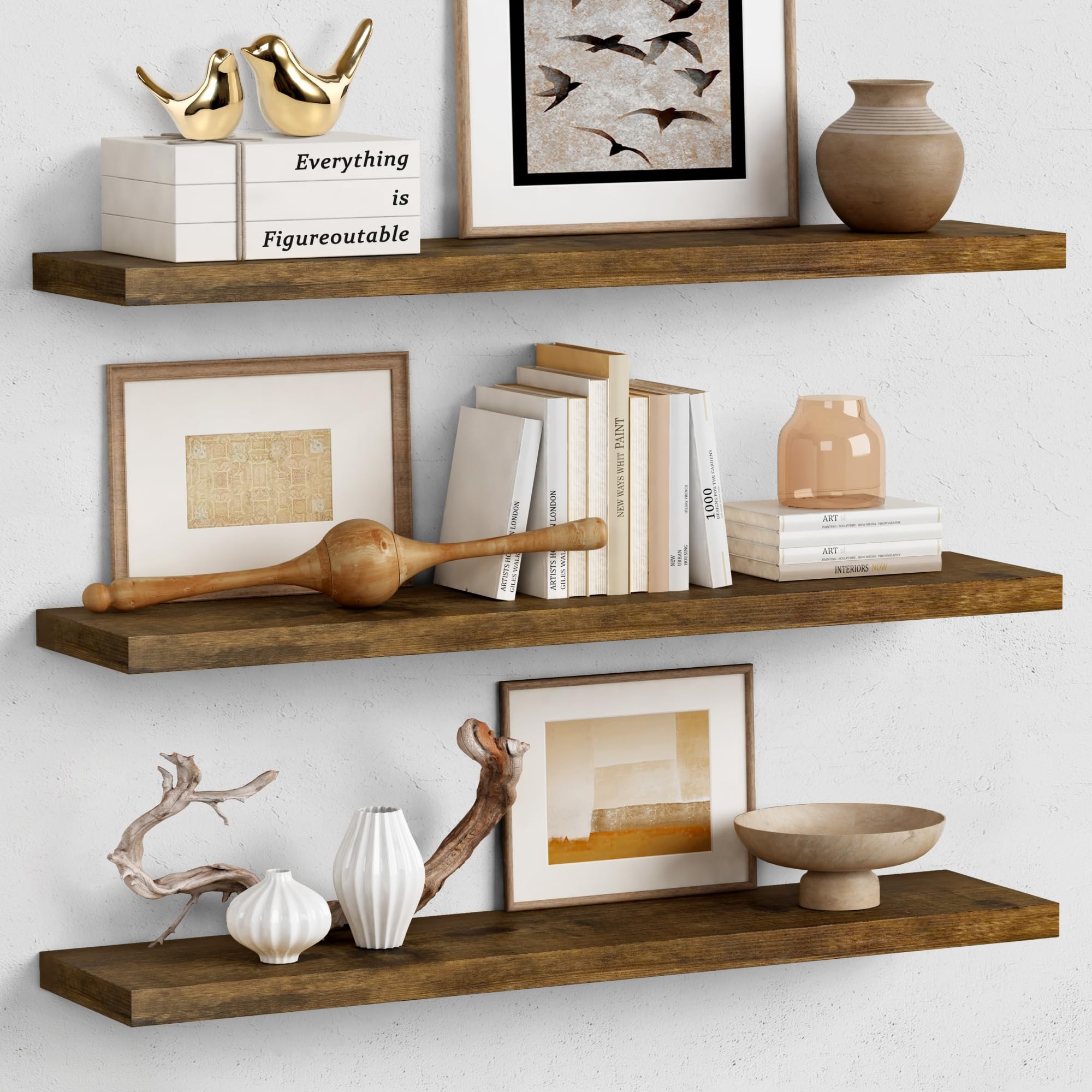 Forbena 36 Inch Floating Shelves for Wall Long Set of 3, Large Deep Wall Shelves for Bedroom Living Room Decor, Rustic Wood Floating Shelf for Kitchen Closet Office TV Plants Books (Dark Brown)