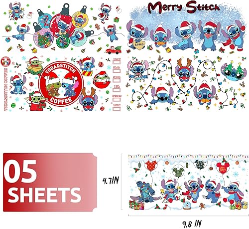 Miniatura 5 de UV DTF - Envoltura de copa para vidrio, 16 onzas, 5 hojas de dibujos animados de Navidad, calcomanías de transferencia uvdtf, calcomanías de vasos