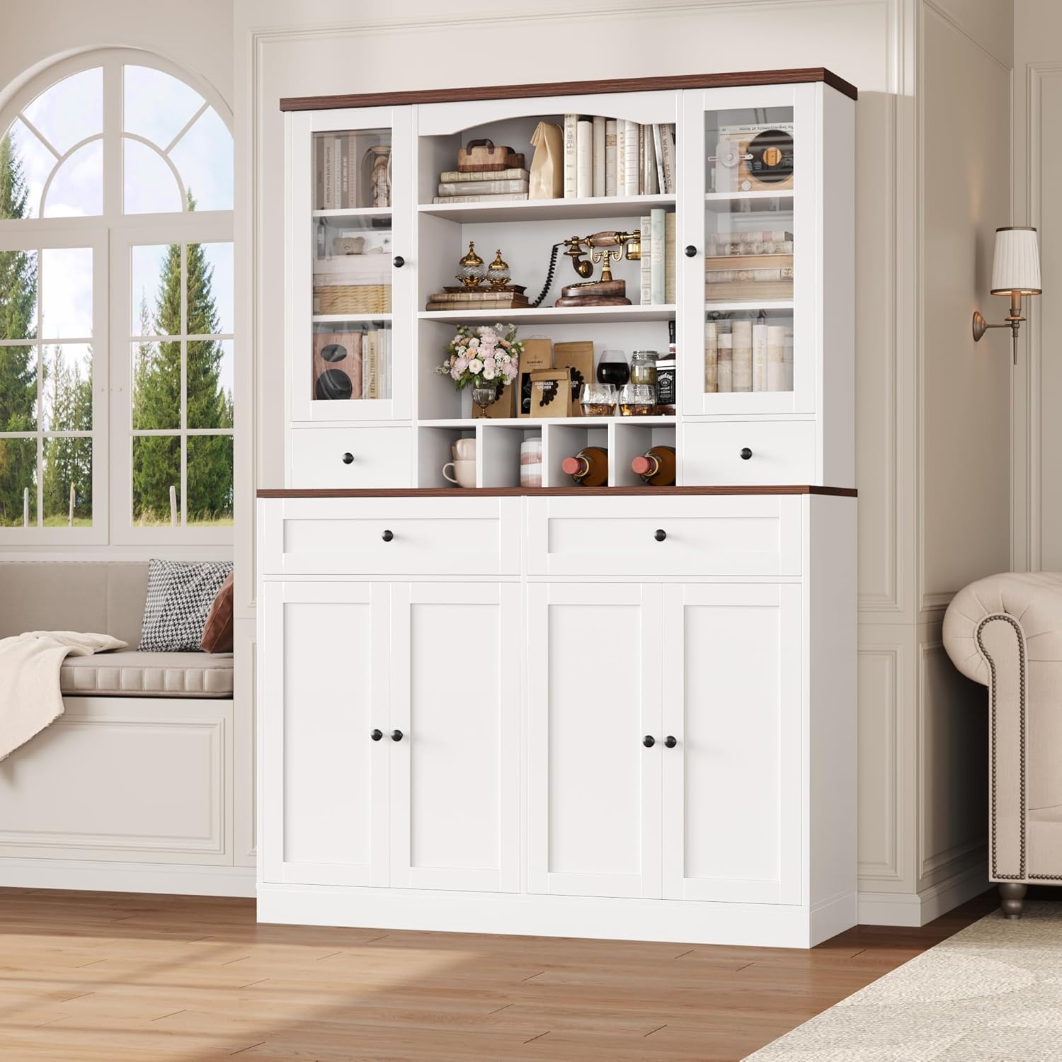 HIFIT 71" Tall Farmhouse Kitchen Pantry Cabinet with Removable Wine Rack, 4 Drawers, 6 Doors - 47.2" Wide White Hutch for Kitchen, Dining Room