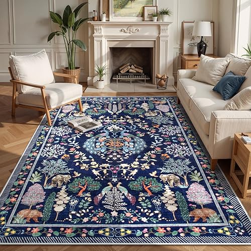 Lahome Blue Rugs for Living Room, Soft 8x10 Area Rugs Bedroom, Boho Non-Slip Forest Large Throw Carpet for Farmhouse Dining Room Office