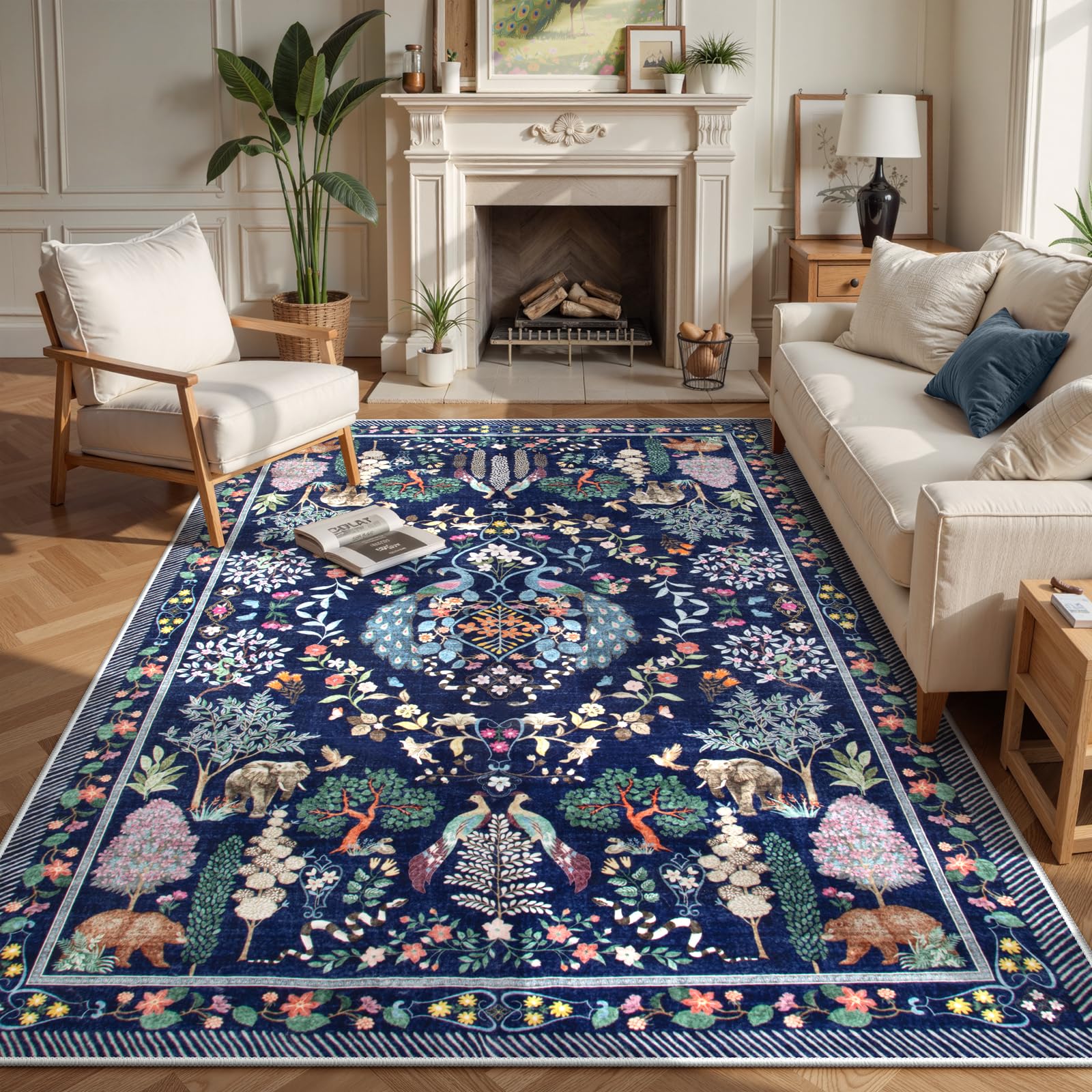 Lahome Blue Rugs for Living Room, Soft 8x10 Area Rugs Bedroom, Boho Non-Slip Forest Large Throw Carpet for Farmhouse Dining Room Office 8' x 10' (Rectangular) Blue
