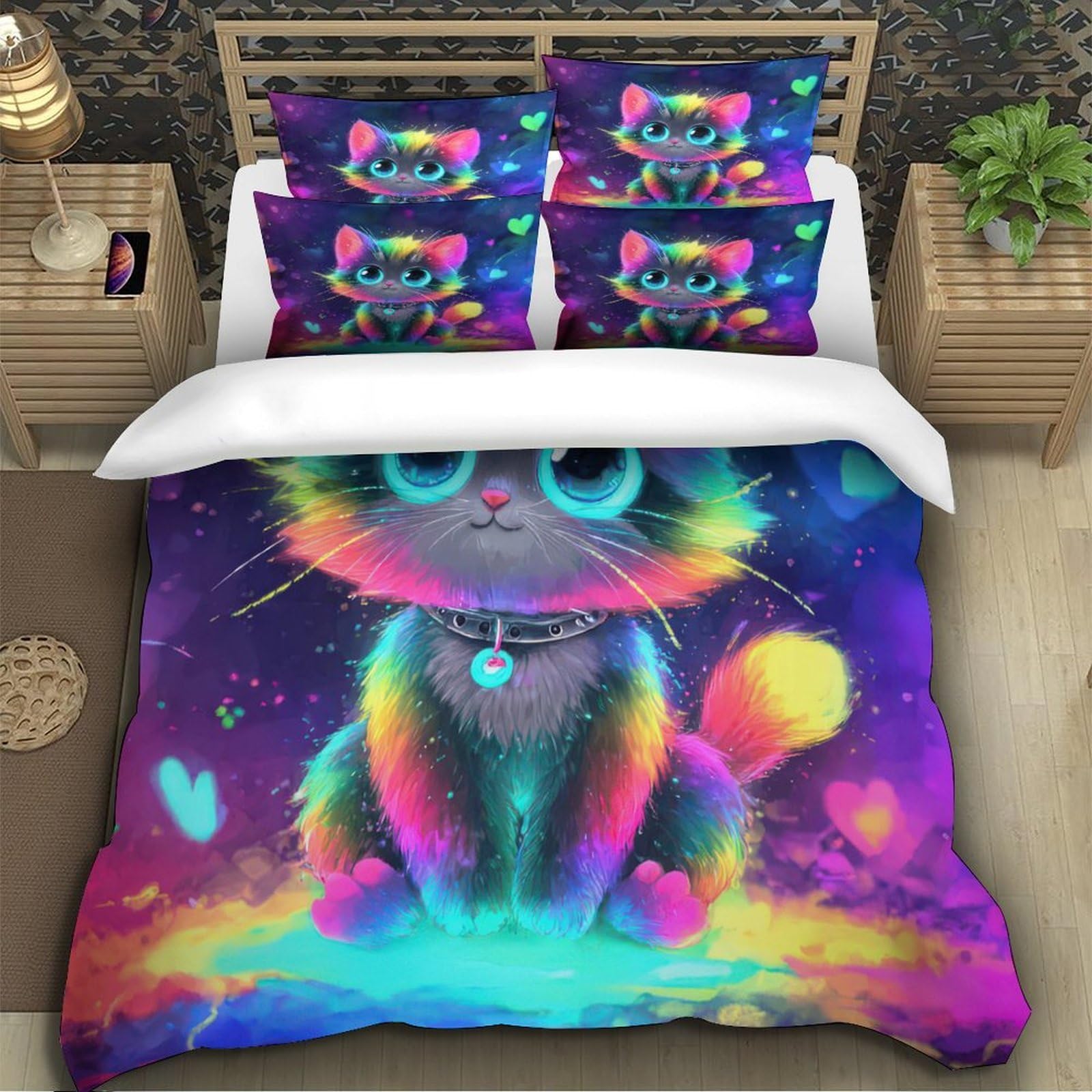 Rainbow Kitten Set Di Copripiumino 3 Pezzi stampa 3D microfibra ultra morbido con cerniera Fantasia Set Di Copripiumino con federa per cuscini soffice for coppie King（220x240cm）