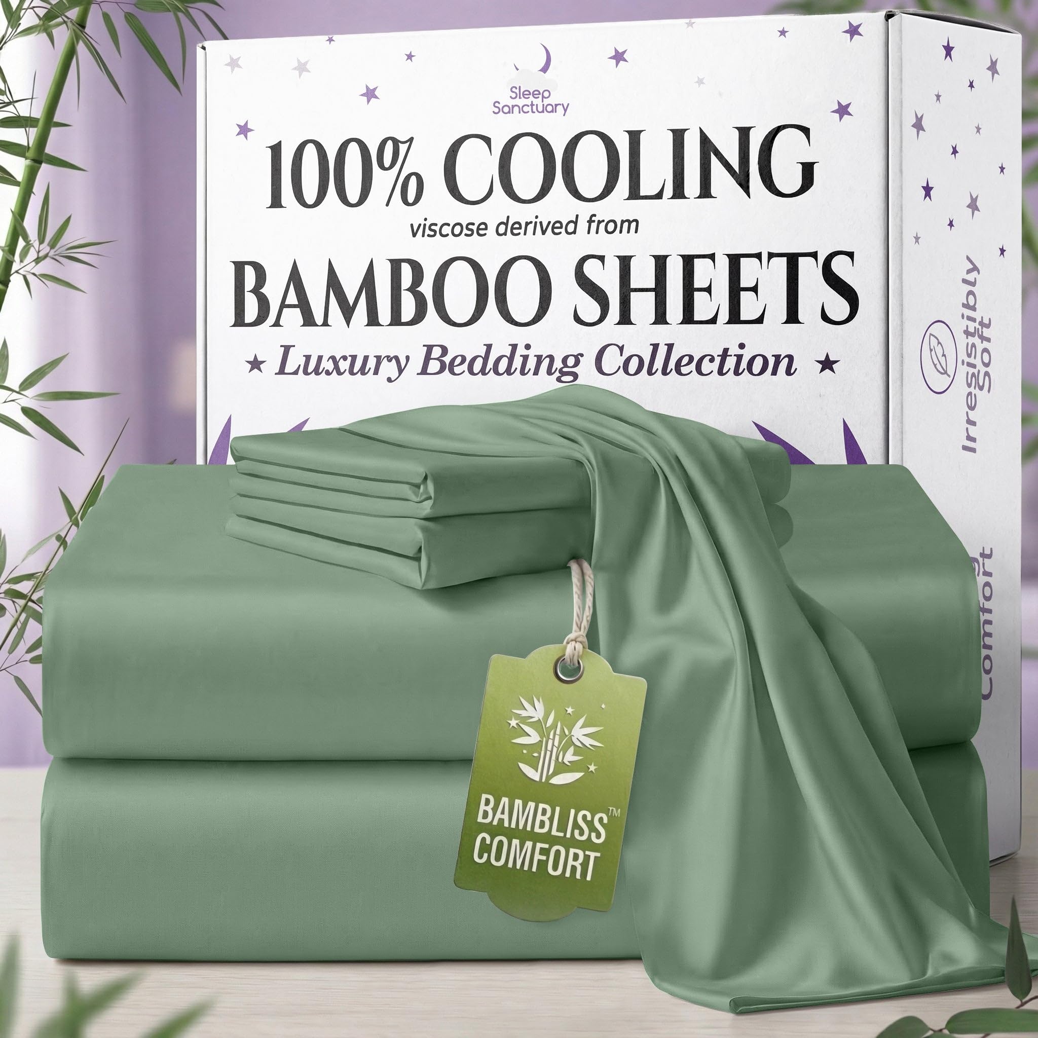 SLEEP SANCTUARY 100% Organic Viscose Derived from Bamboo Sheets Twin Size 4pcs - Ultra Soft & Cooling, 17" Deep Pocket, Double Stitching, Perfect for Hot Sleepers - Twin Bed Sheets (Sage Green)