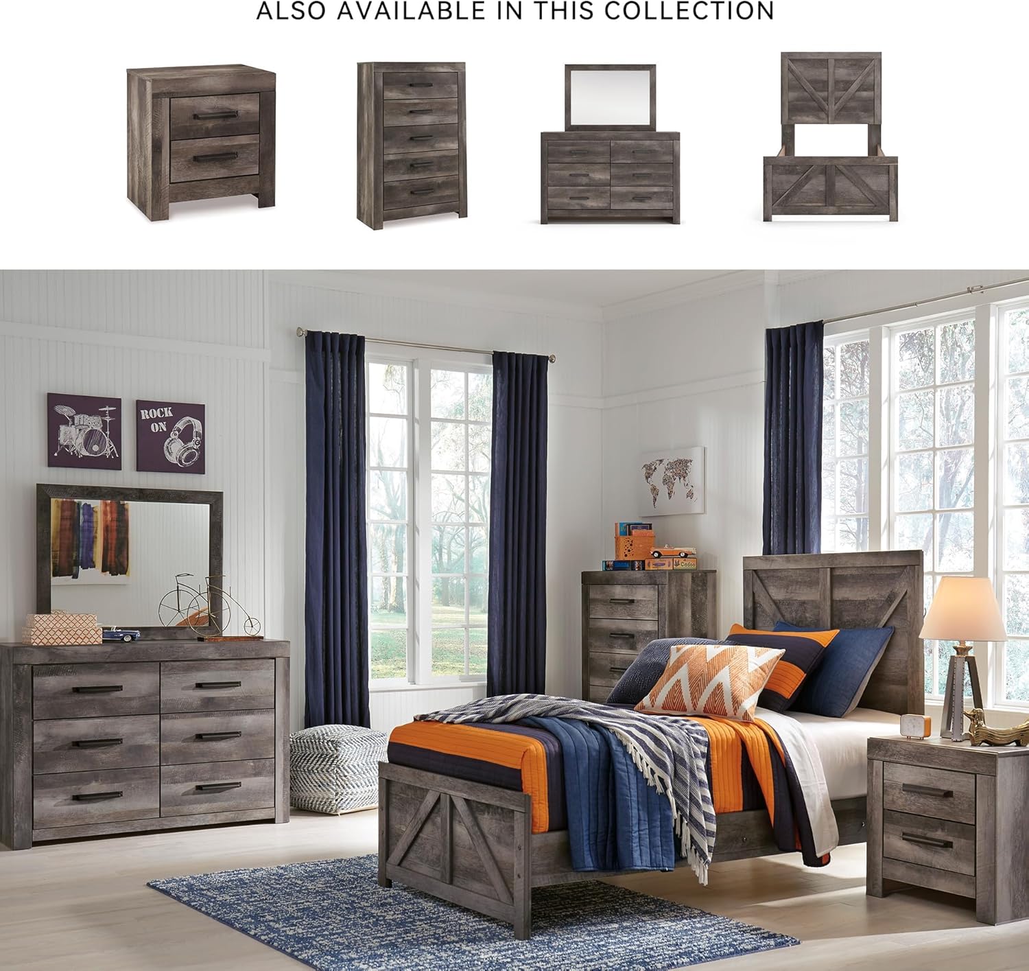 BOWERY HILL 2 Drawer Nightstand with USB Ports, Gray Finish, Engineered Wood, 24.41" H x 23.66" W x 15.31" D, Modern Rustic Style Bedroom Furniture with Dual USB Charging Ports