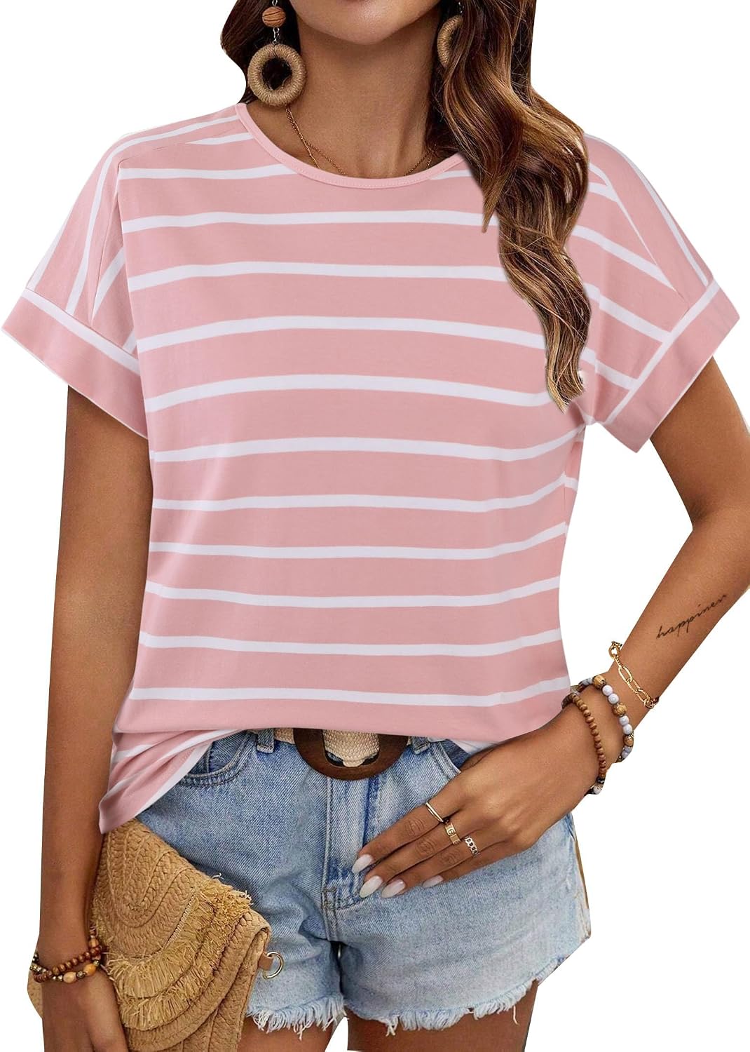 LilyCoco Women's Striped Short Sleeve T-Shirt – 100% Cotton Crewneck Basic Tee, Black, Small