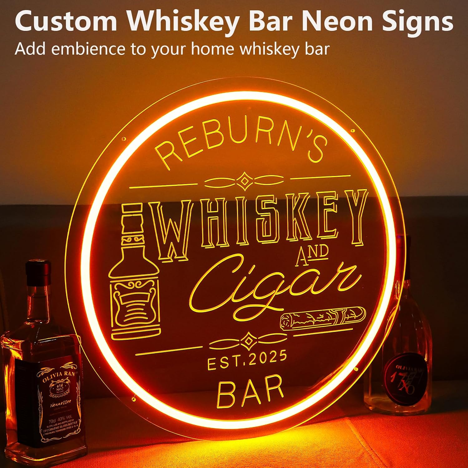 Custom Whiskey Bar Neon Signs for Home Bar Decor, Personalized Whiskey Lounge LED Light for Man Cave, Patio, Game Room, Party, Gift