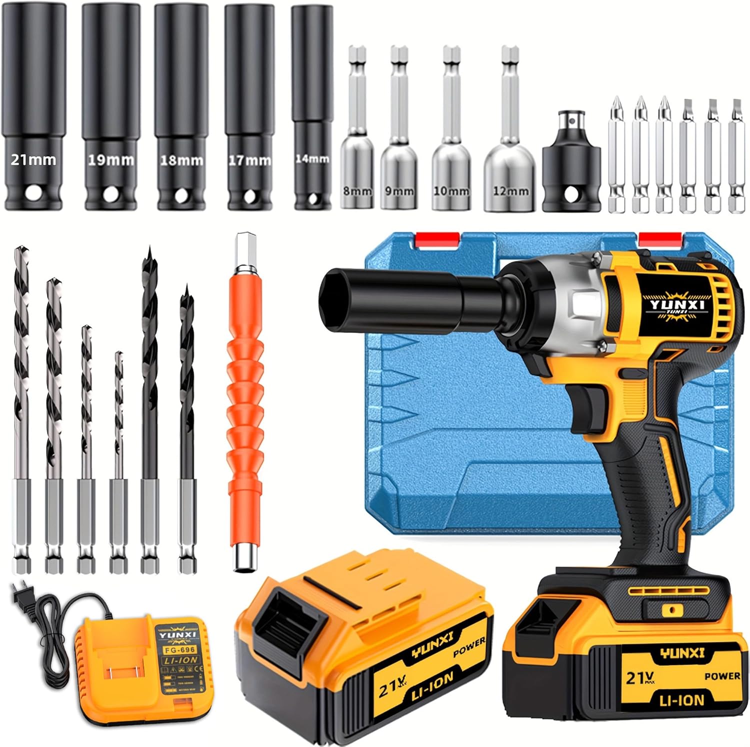 new impact wrench, impact wrench with charger, ergonomic grip and durable plastic structure, suitable for construction projects, heavy-duty DIY (High capacity battery * 2+deluxe package)