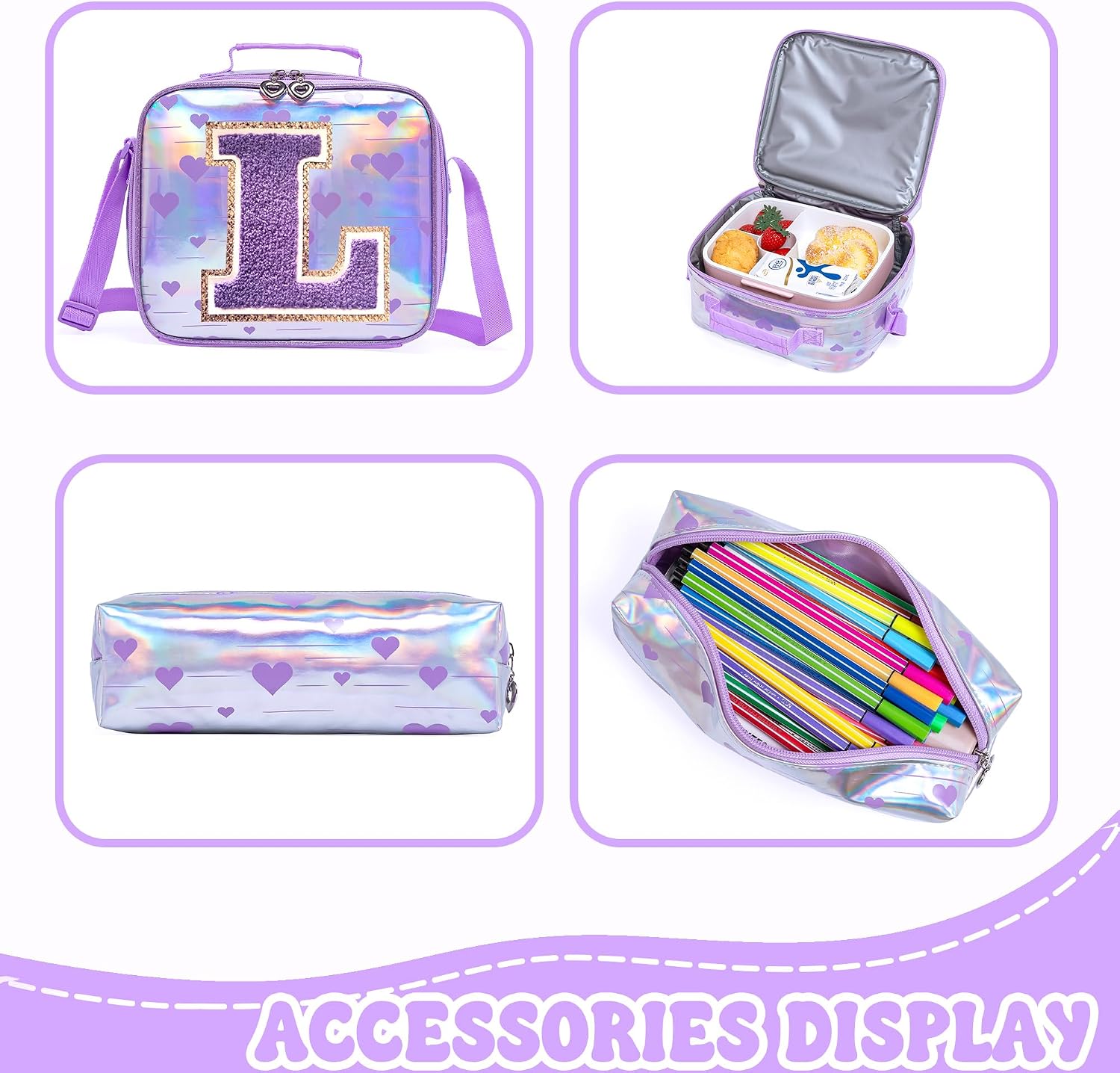 HTgroce Backpack for Girls Elementary Bookbag for School Backpack Set Girls Personalize Letter L Preschool Book Bag with Lunch Box Pencil Case