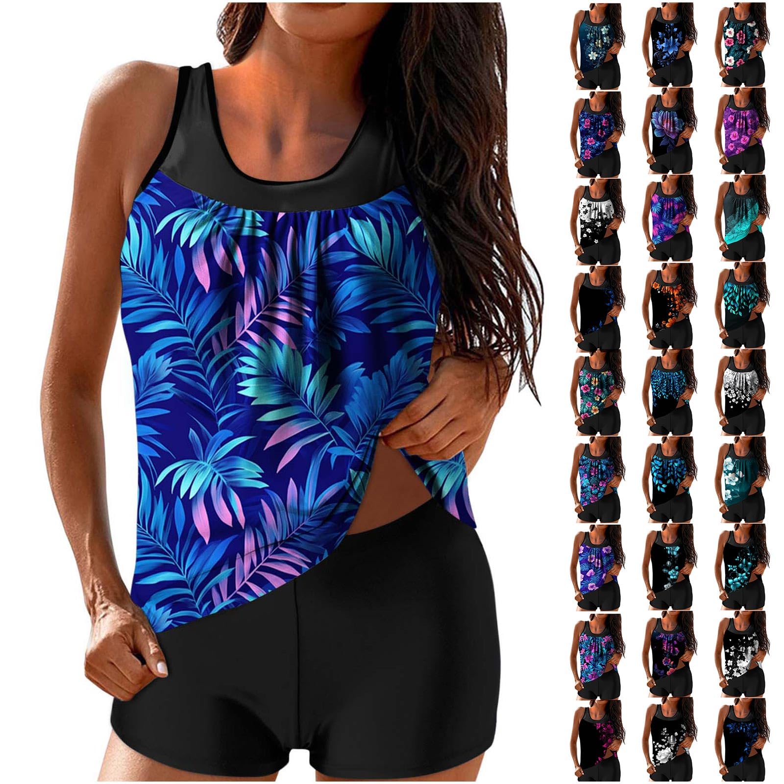 Womens Tankini Bathing Suits Tummy Control Two Piece Bathing Suit Boho Print Tank Top with Boy Shorts Modest Swimwear