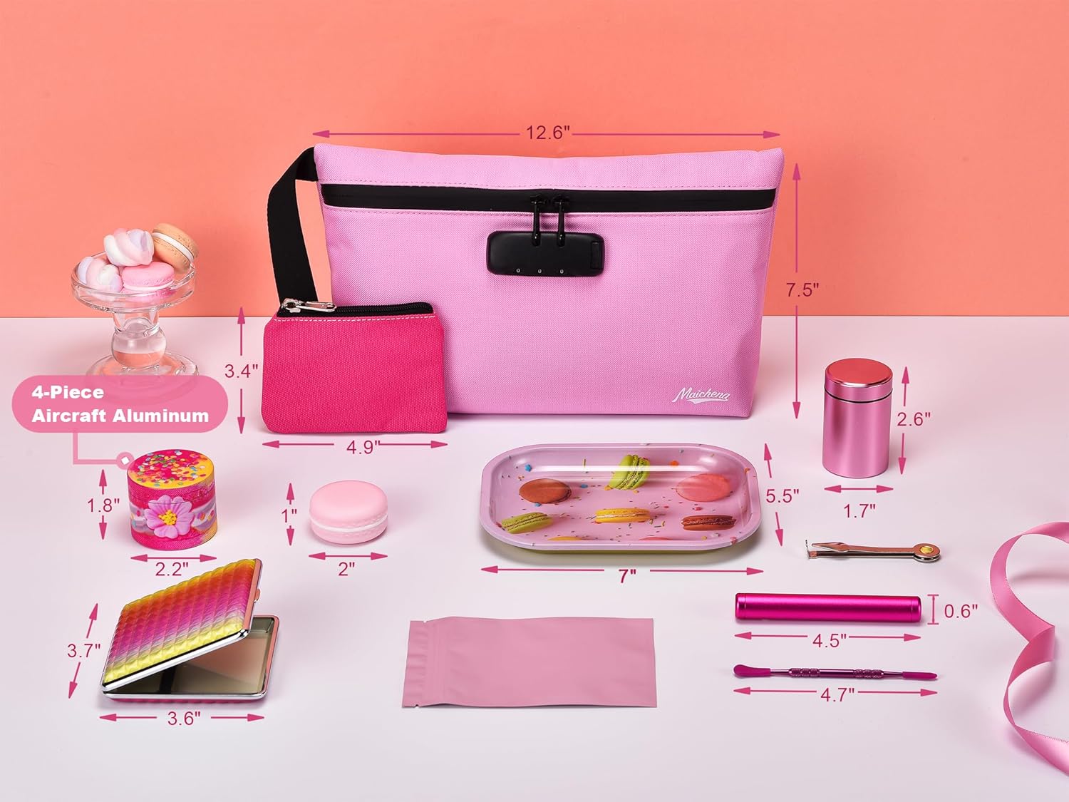 Smell Proof Bag with Combination Lock and 10 Accessories, Travel Medicine Odorless Storage Lock Box Case Container, Unique Design, Ideal Gift for Women, Pink